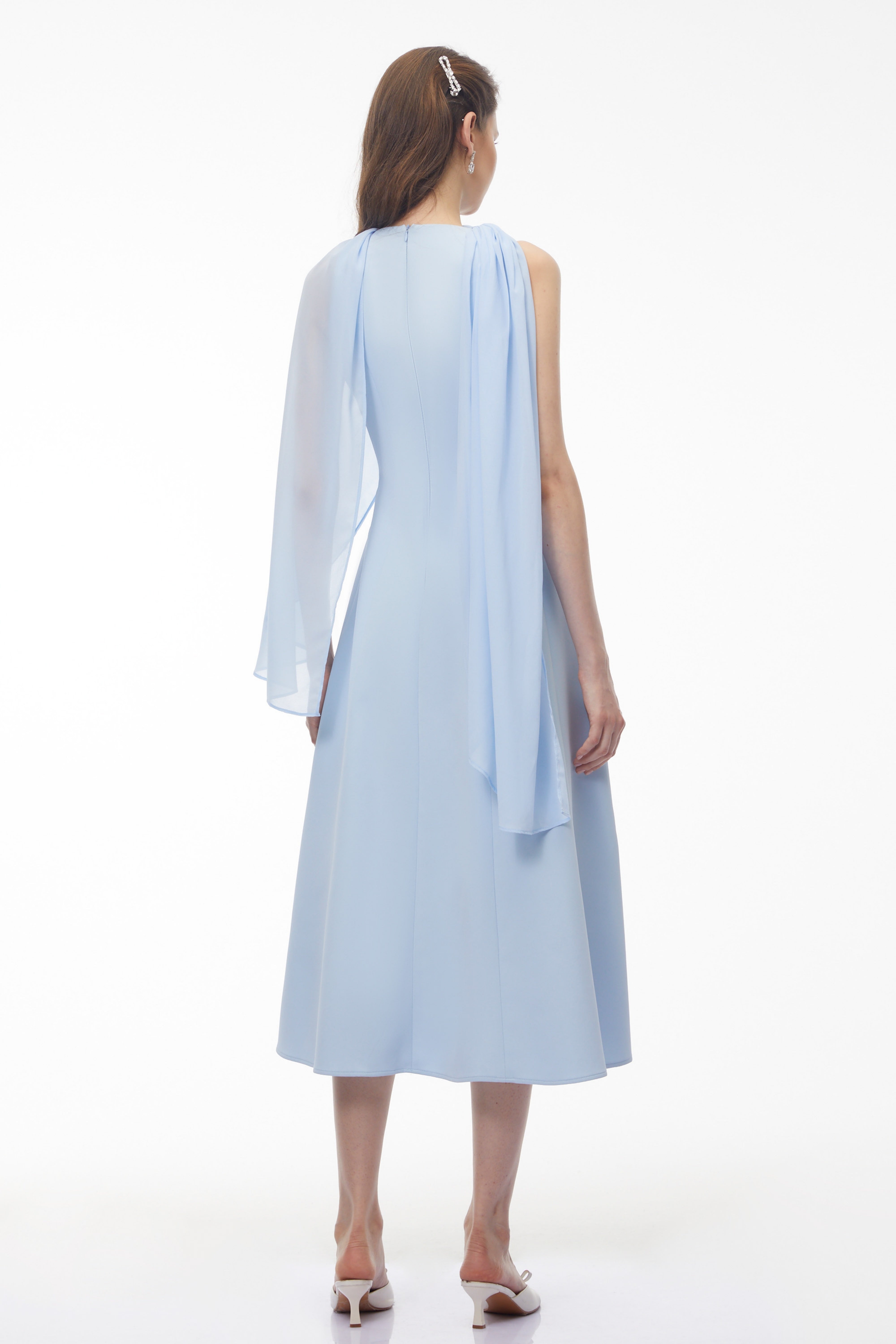 Renee Baby Blue Sleeveless Midi Dress with Draped Cape (Final Sale-US Only)