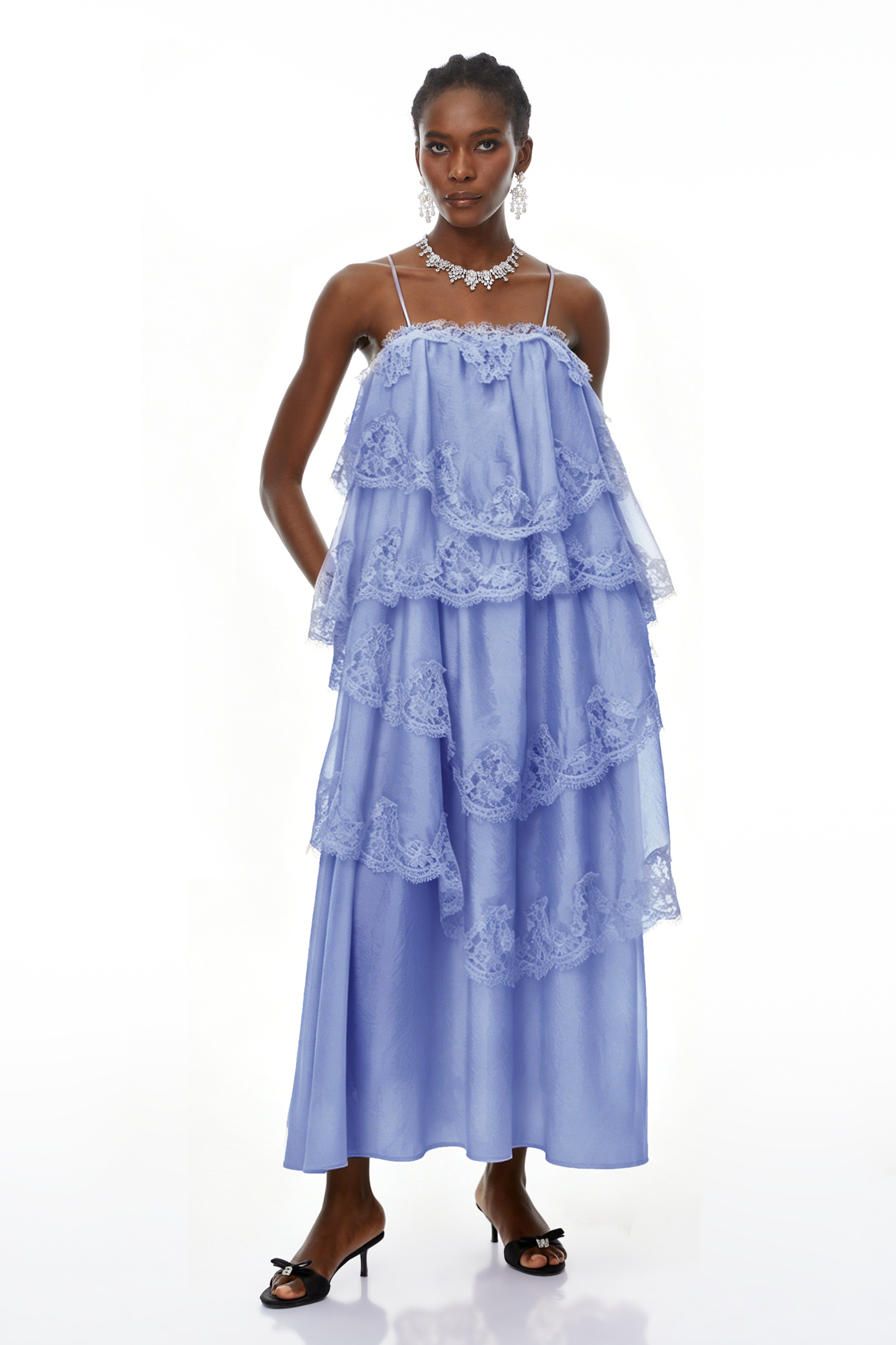 Rhema Blue Tiered Maxi Dress with Lace Trim (Final Sale-US Only)