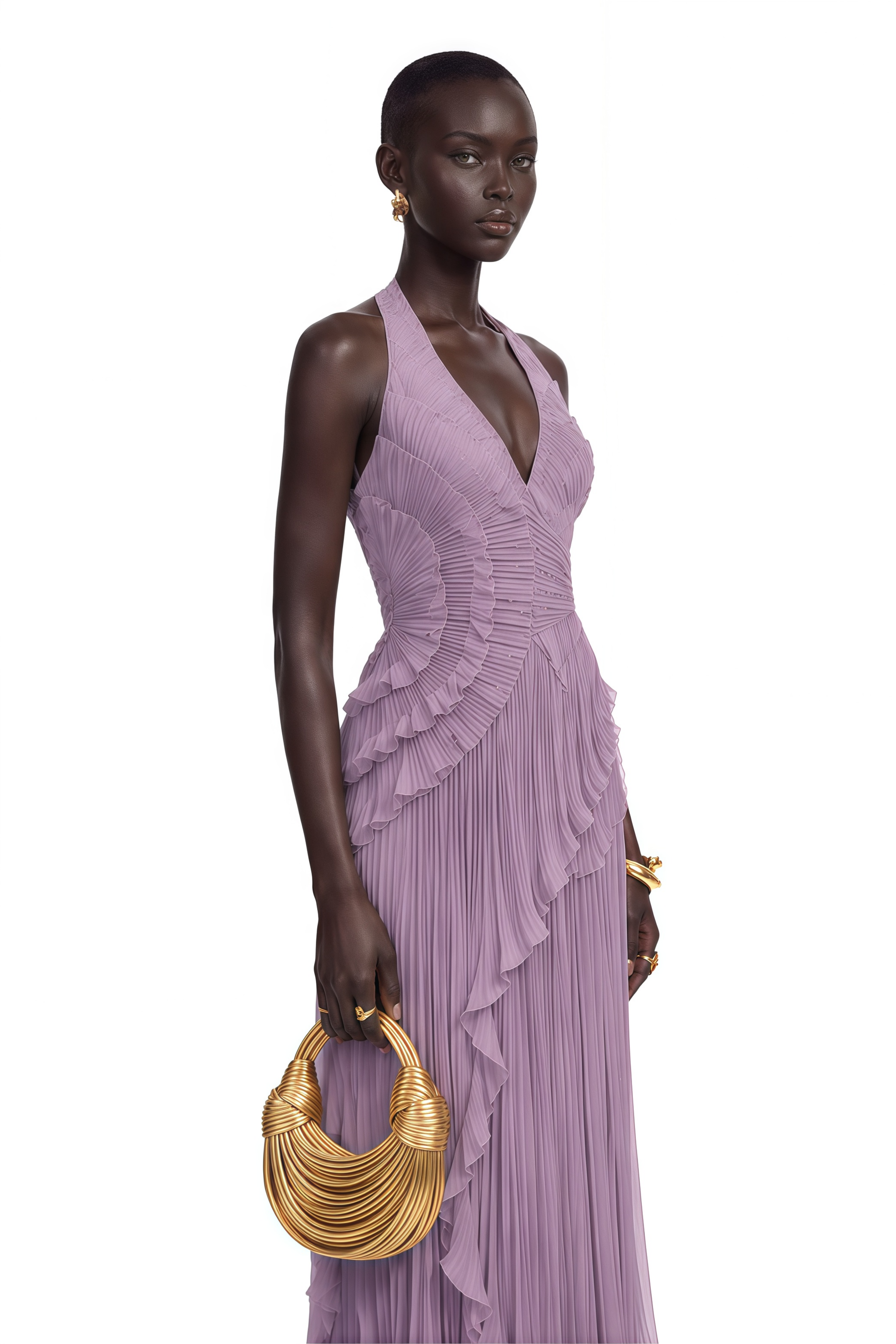 Romilda Purple Pleated Halterneck Maxi Dress with Ruffles