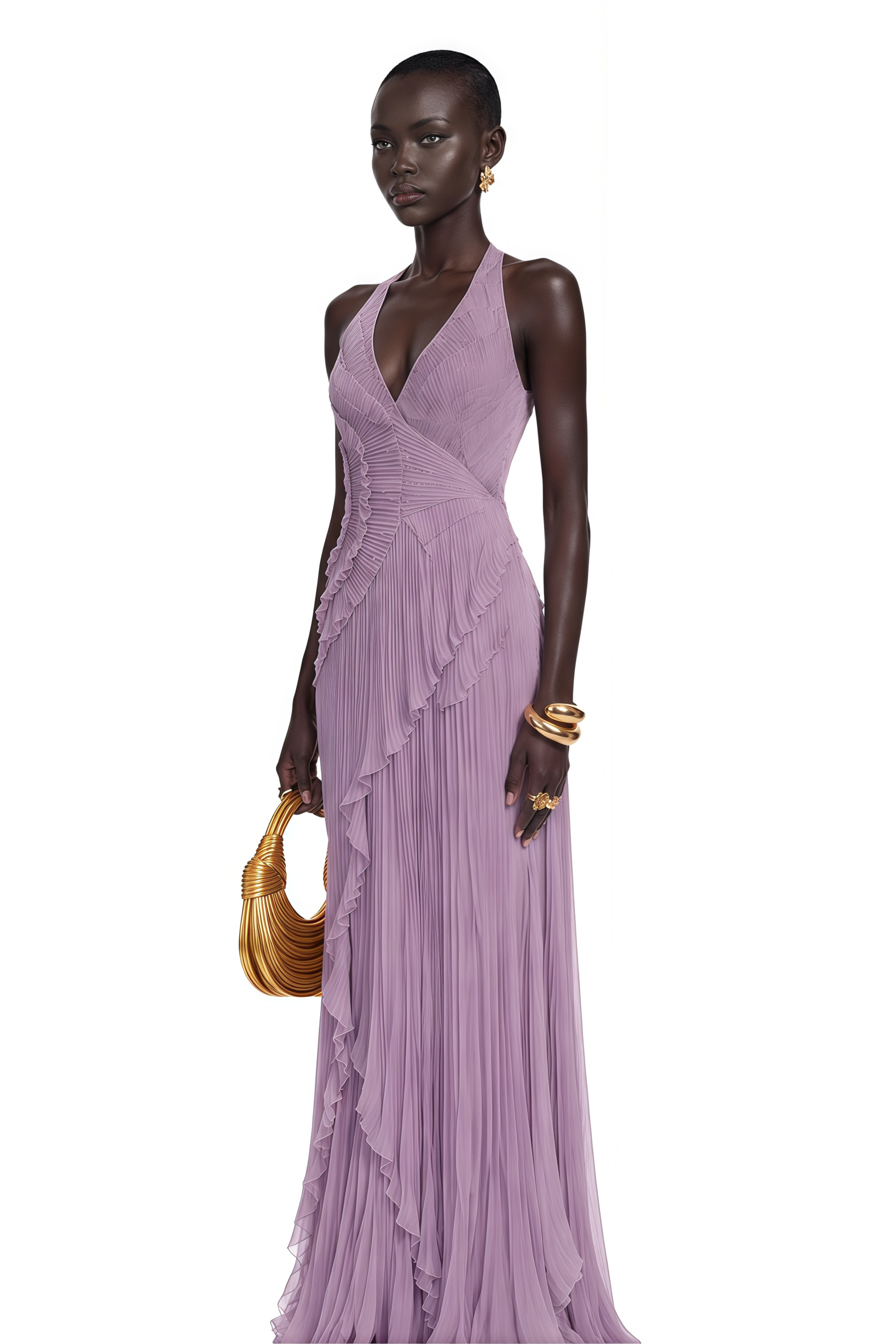 Romilda Purple Pleated Halterneck Maxi Dress with Ruffles