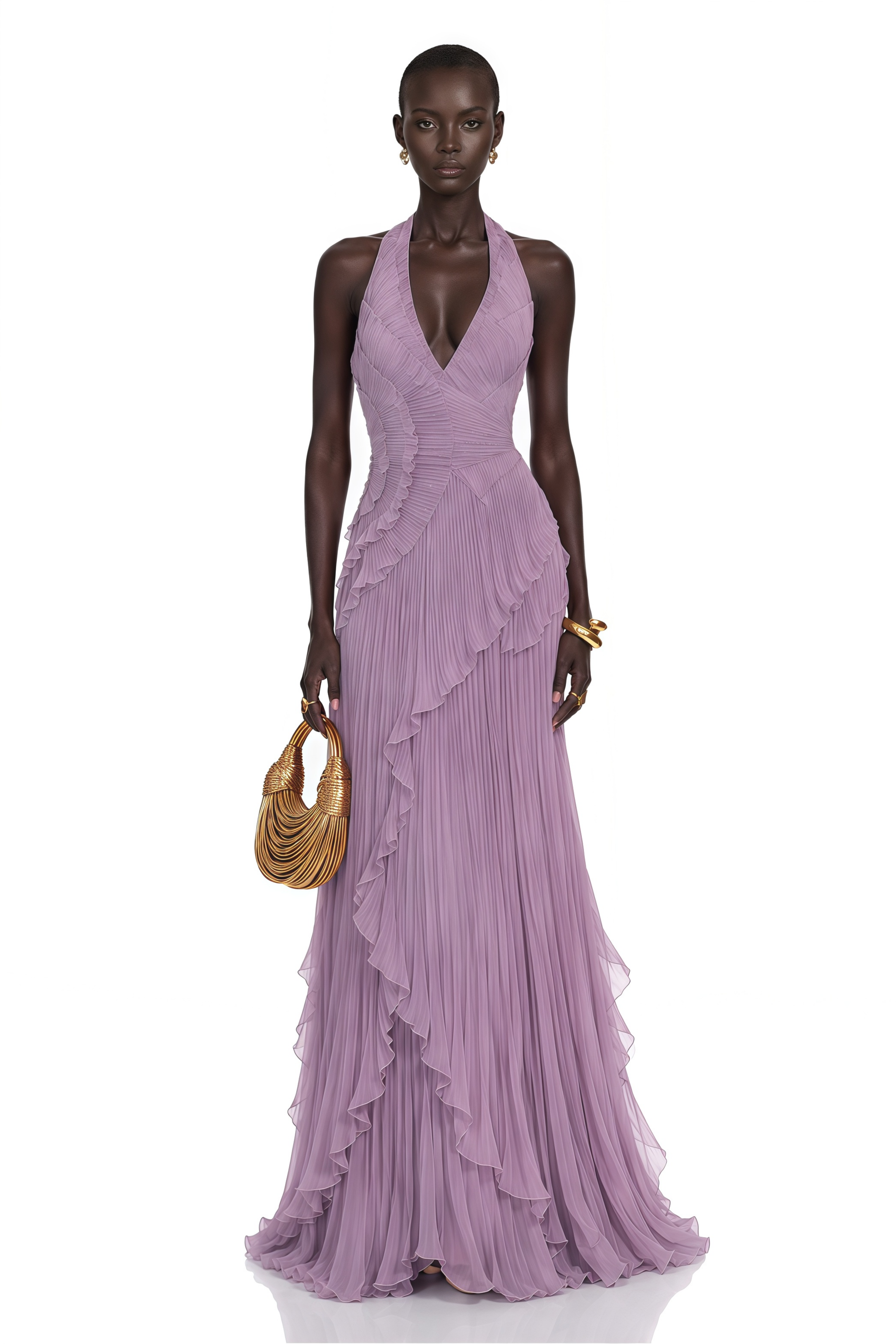 Romilda Purple Pleated Halterneck Maxi Dress with Ruffles