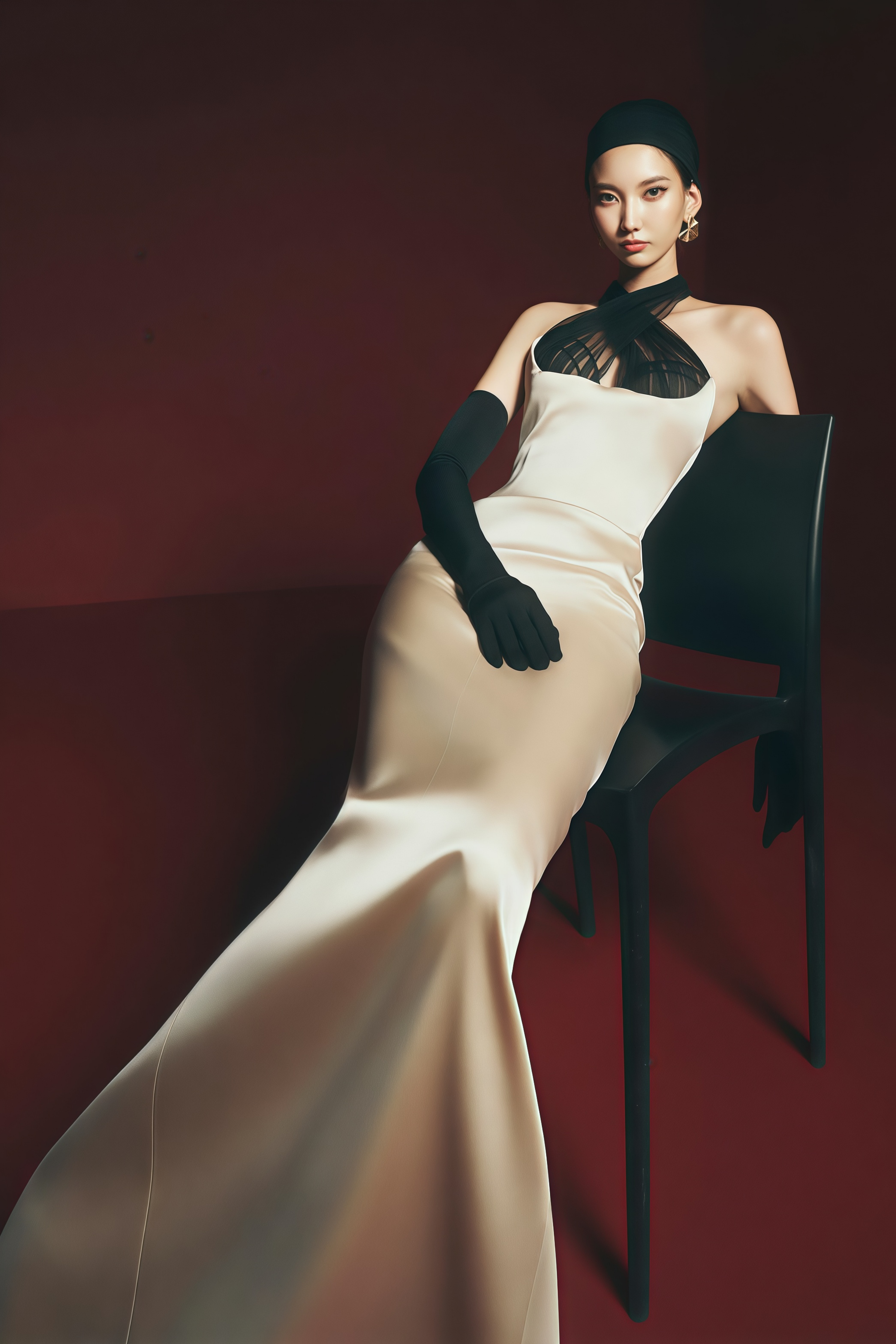 Ronit Champagne Satin Maxi Dress with Tulle Panels (Without Gloves)