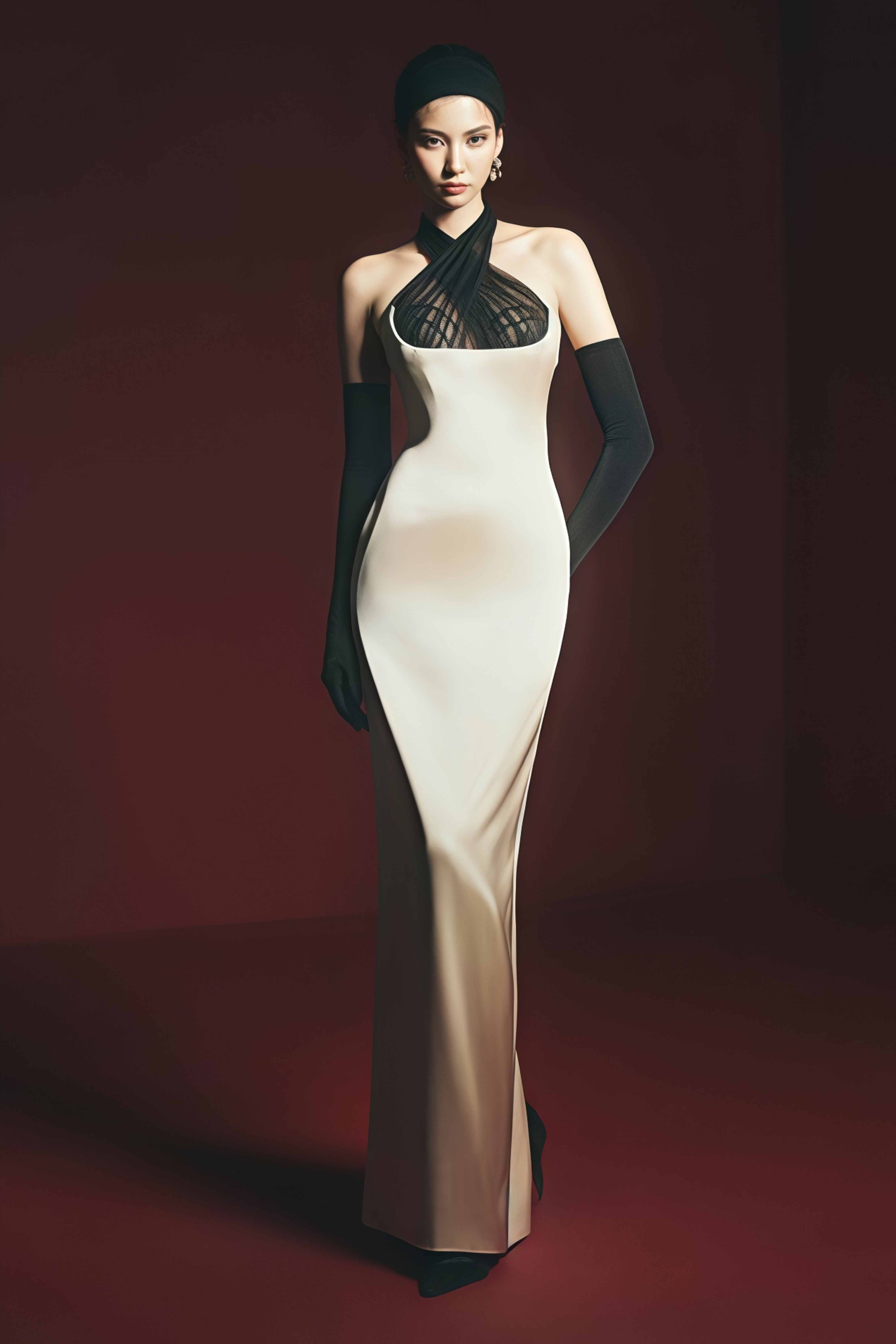 Ronit Champagne Satin Maxi Dress with Tulle Panels (Without Gloves)