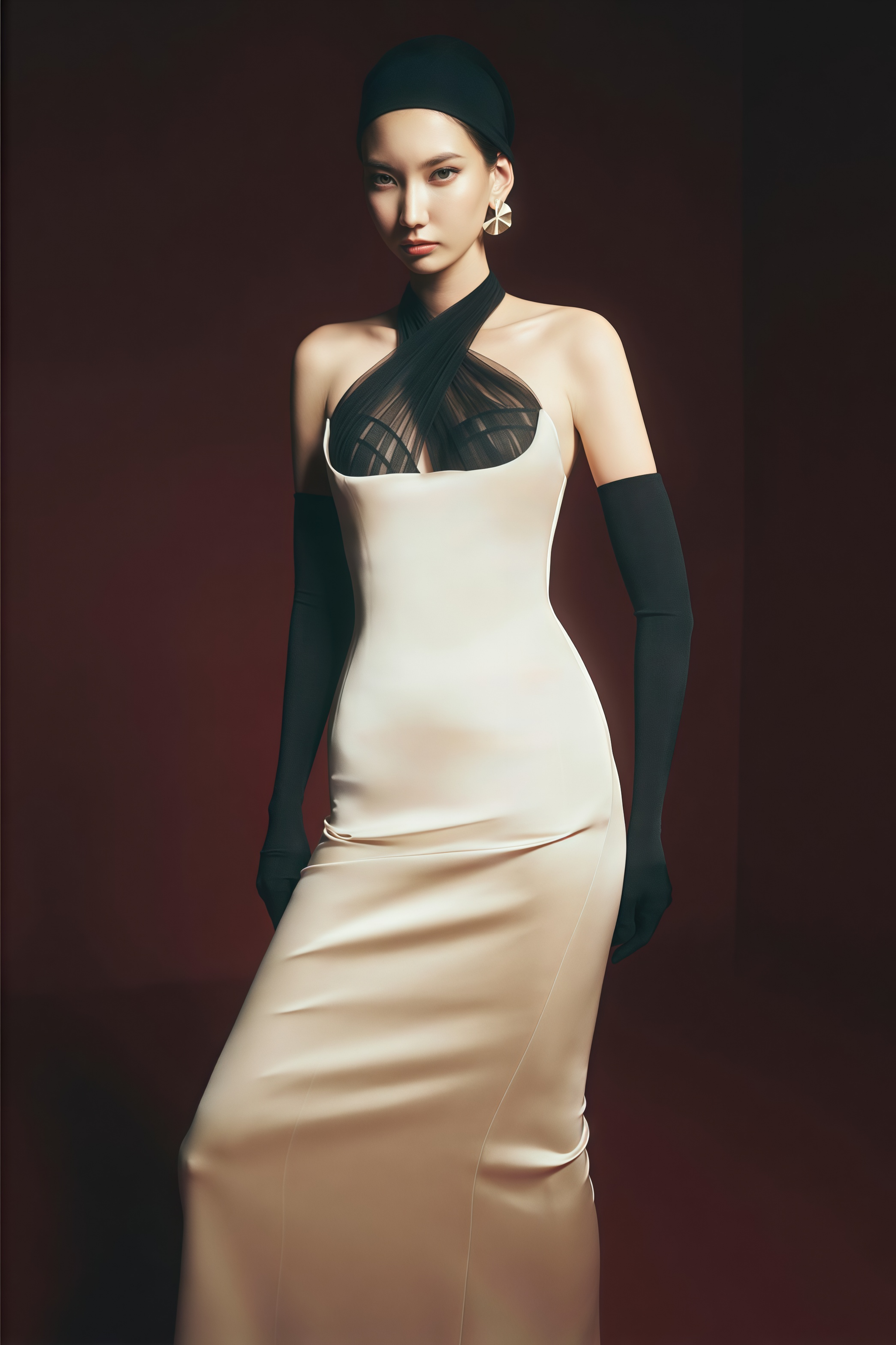Ronit Champagne Satin Maxi Dress with Tulle Panels (Without Gloves)