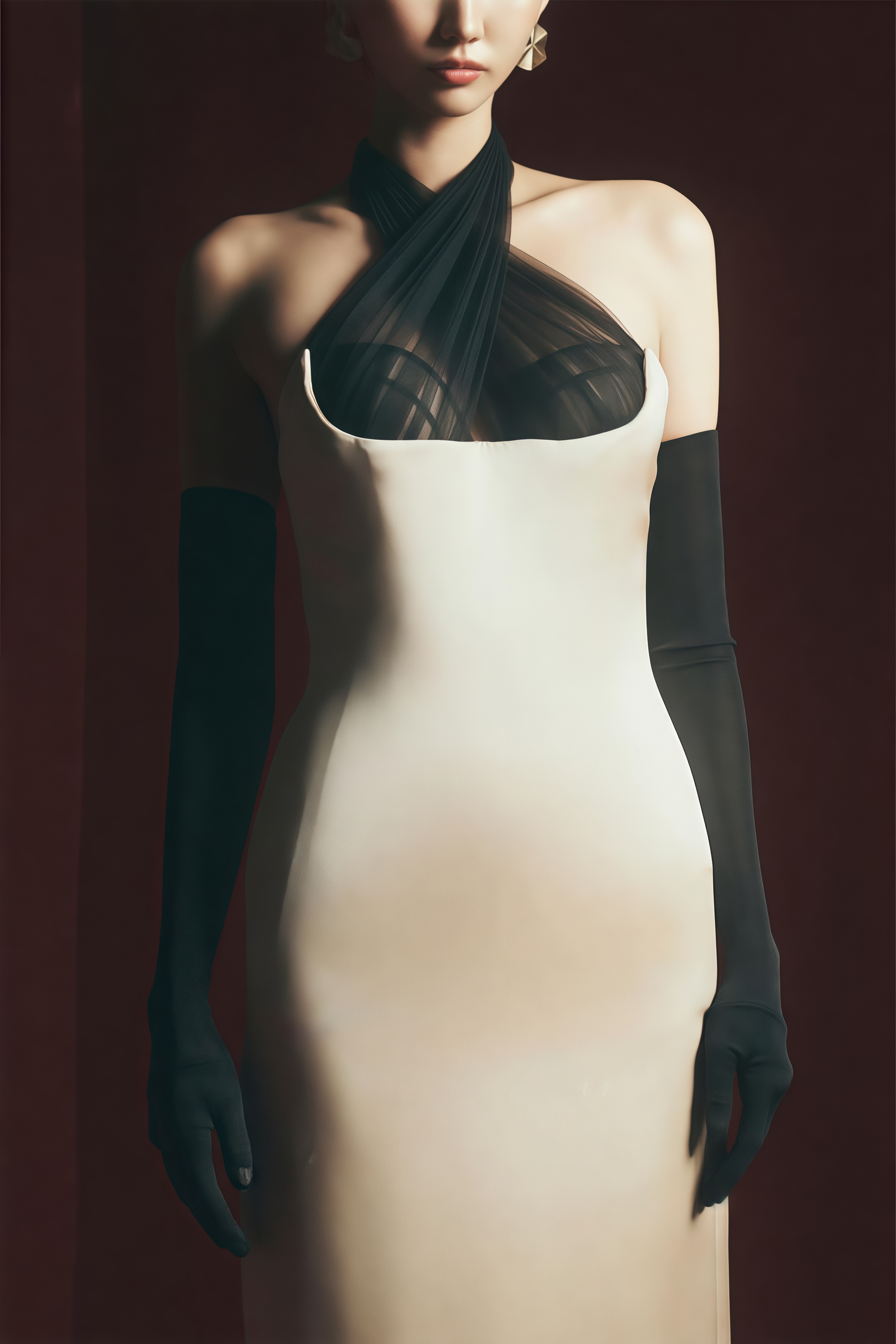 Ronit Champagne Satin Maxi Dress with Tulle Panels (Without Gloves)