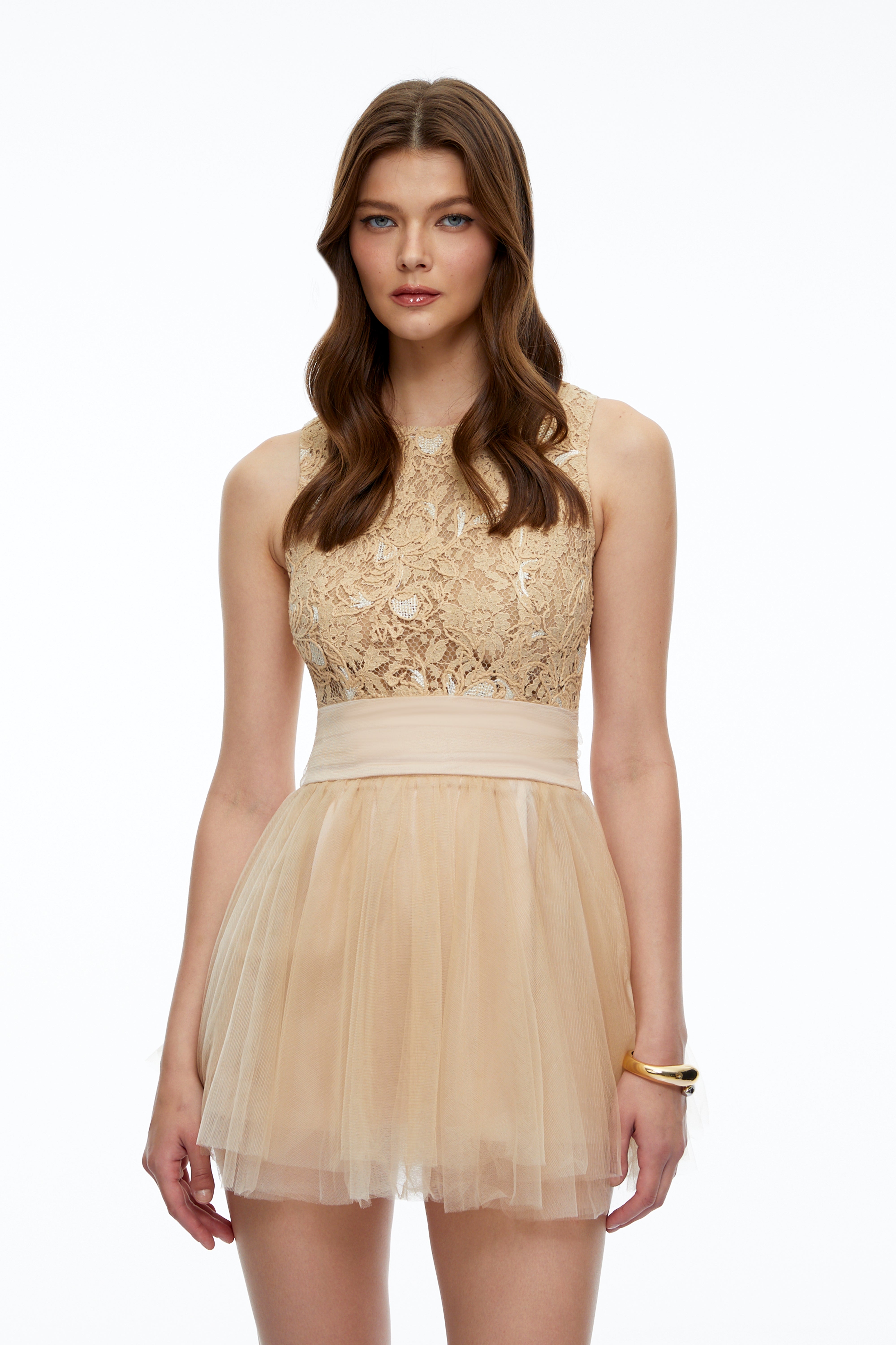 Rosa Neutral Floral Lace Mini Dress with Mesh Panels