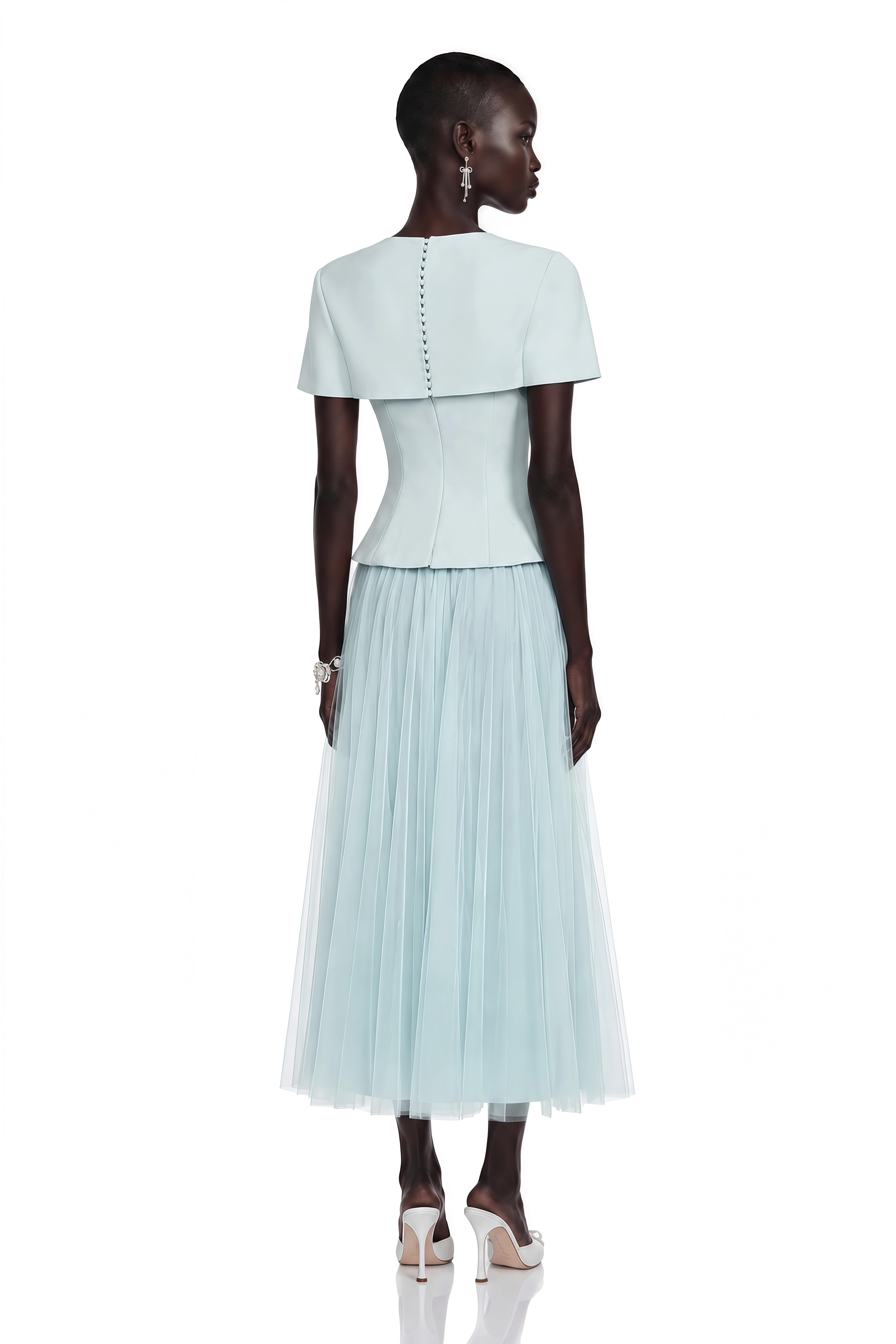 Rosalind Blue Mesh Midi Dress with Cape (Final Sale-US Only)
