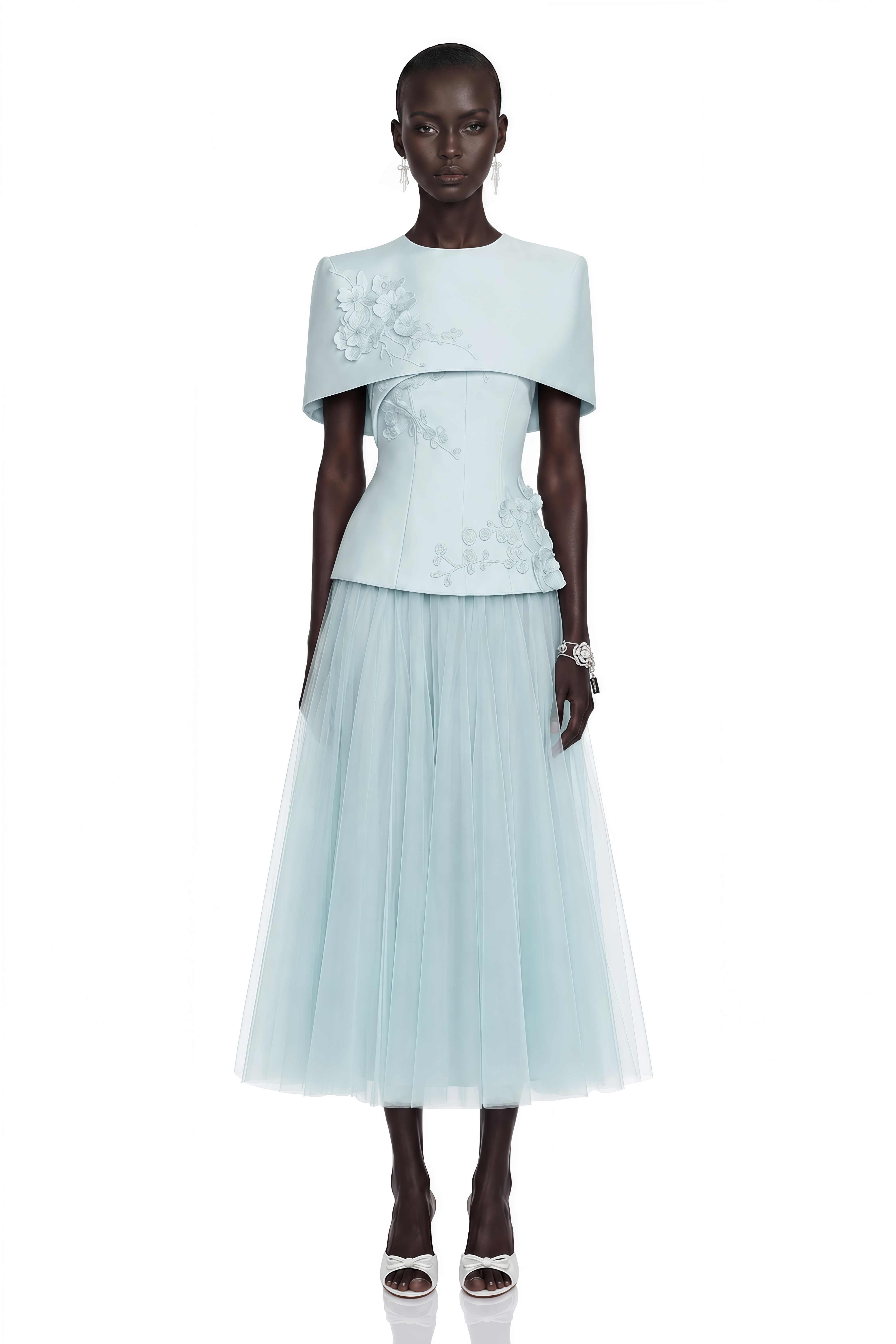 Rosalind Blue Mesh Midi Dress with Cape (Final Sale-US Only)