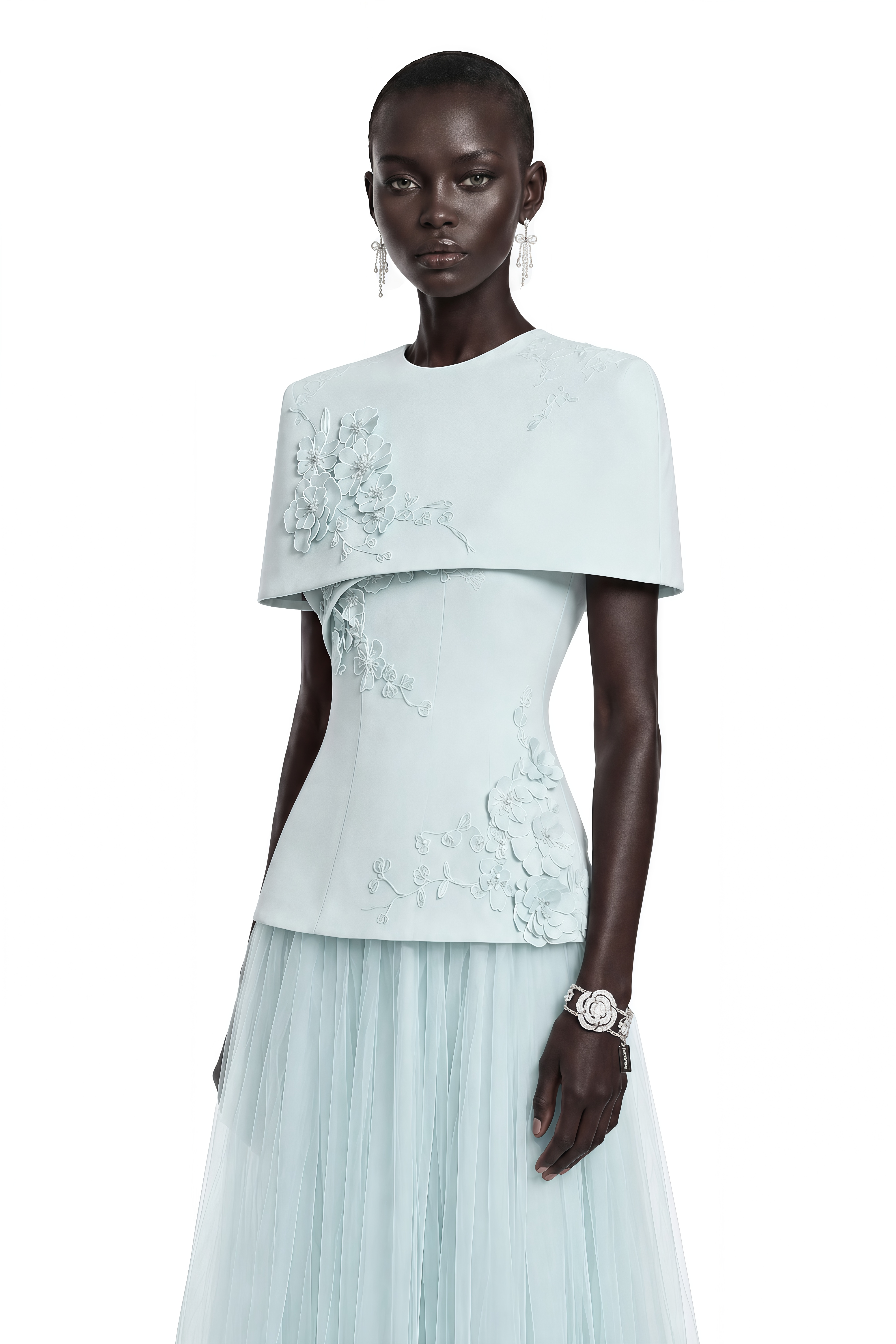 Rosalind Blue Mesh Midi Dress with Cape (Final Sale-US Only)