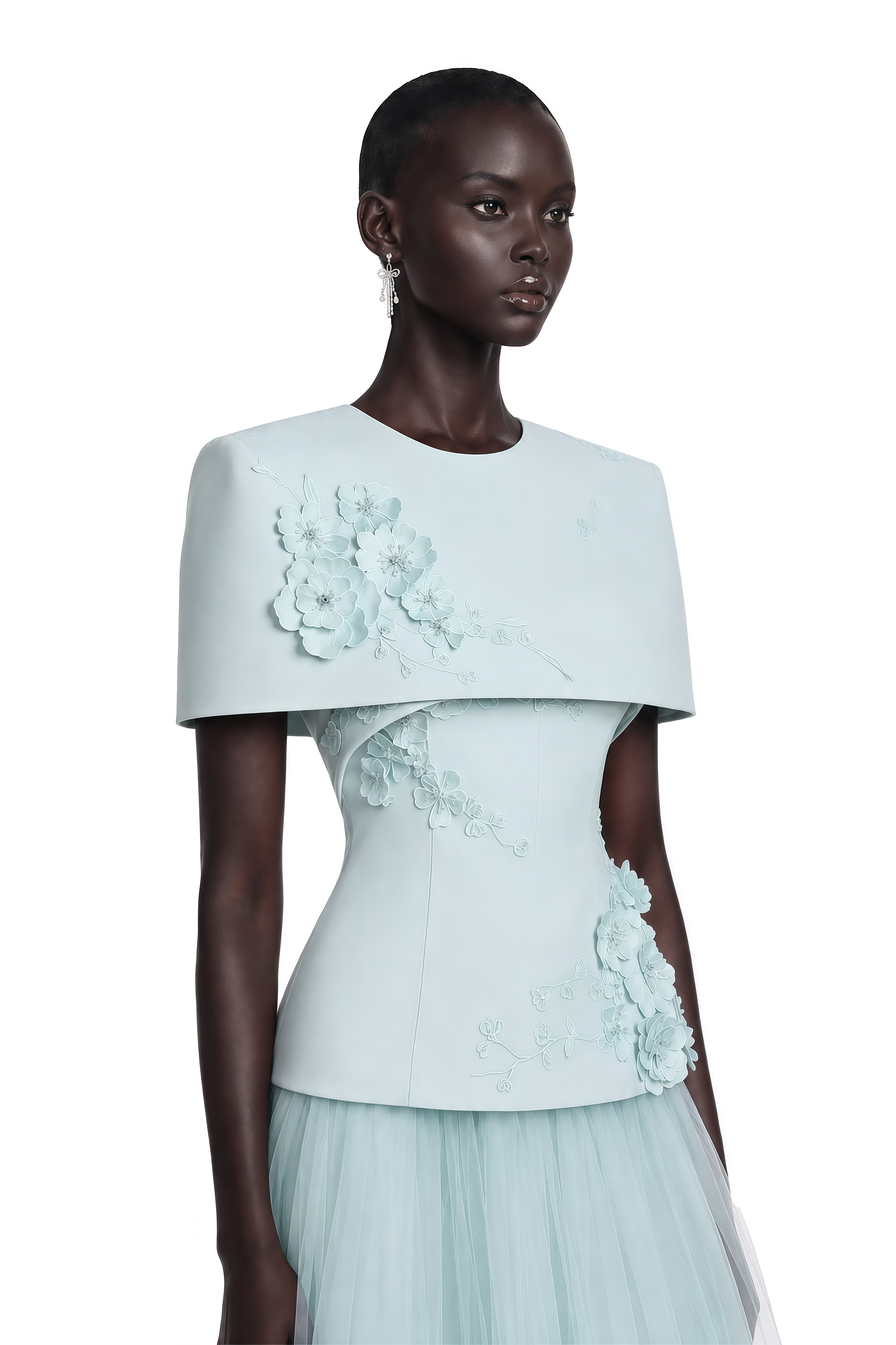 Rosalind Blue Mesh Midi Dress with Cape (Final Sale-US Only)