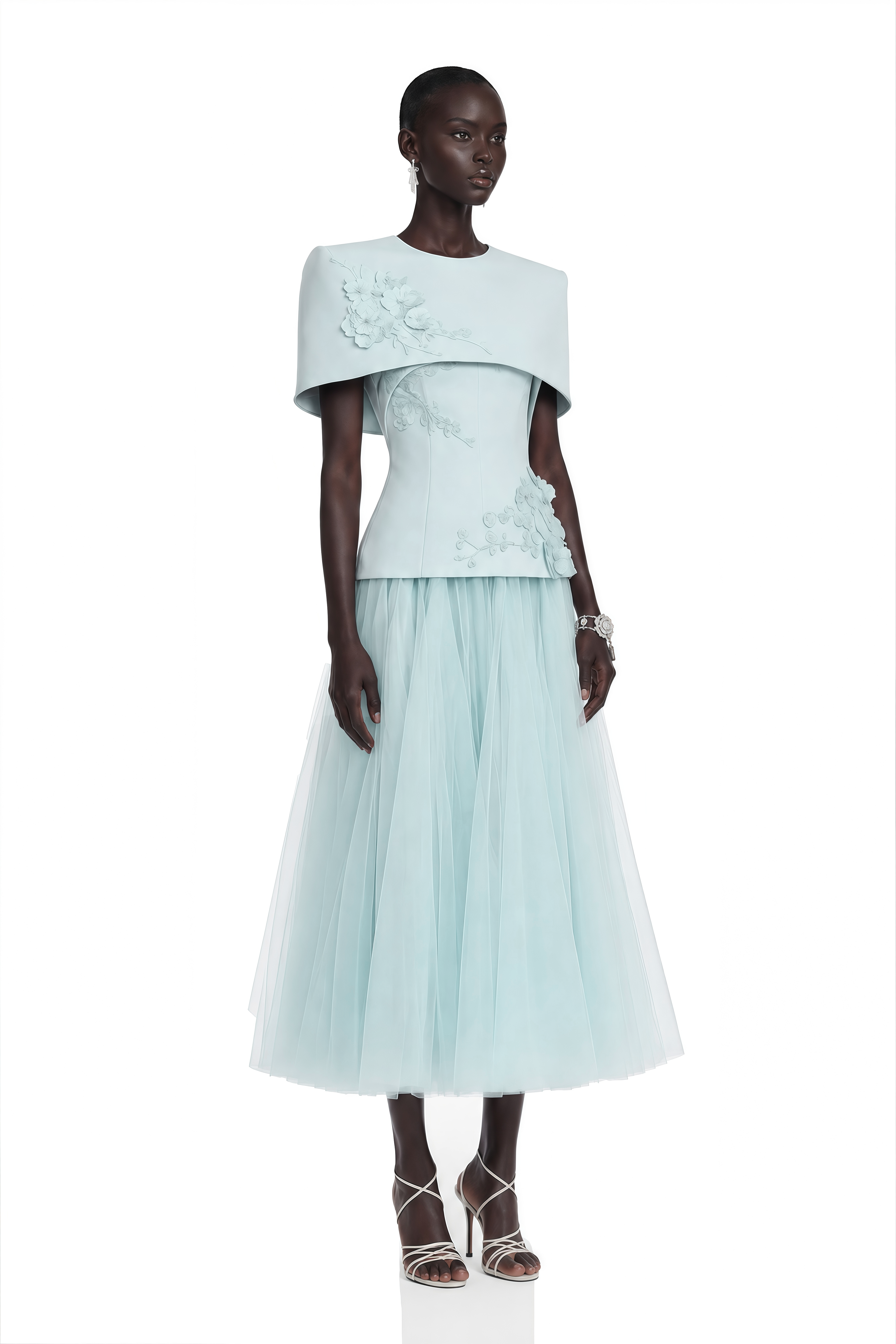 Rosalind Blue Mesh Midi Dress with Cape (Final Sale-US Only)