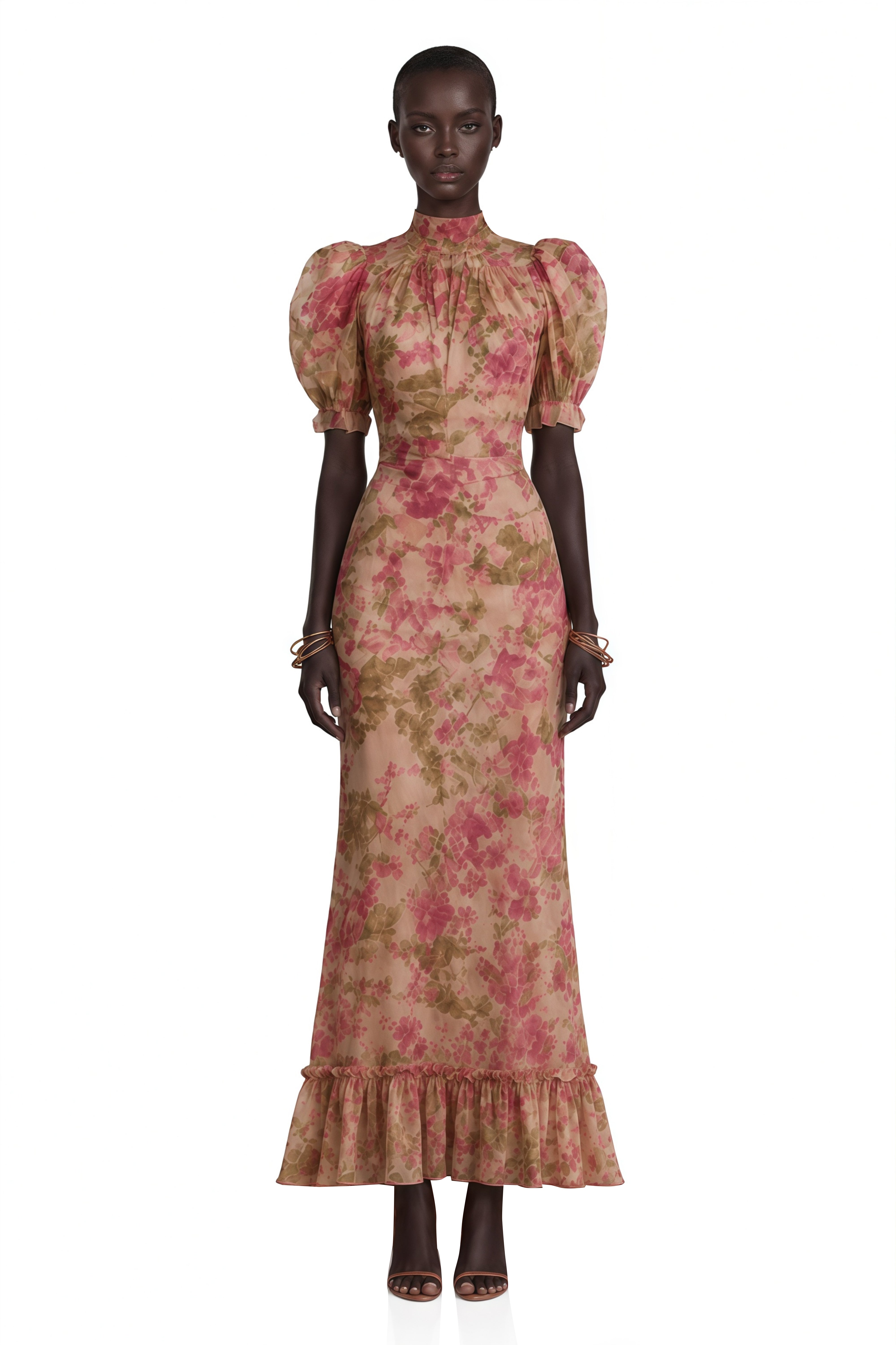 Pink floral maxi dress with a high neck and puff sleeves