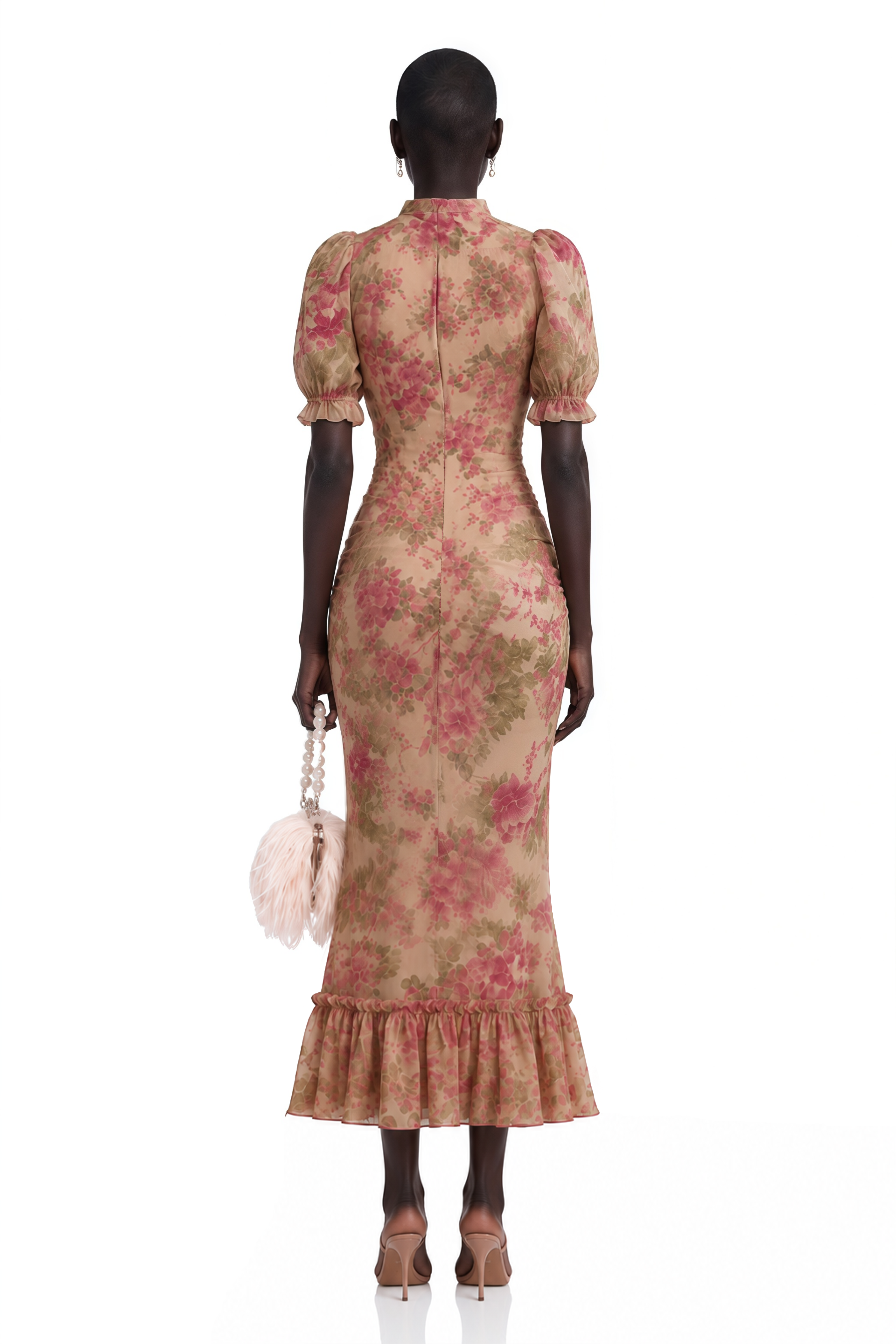 Pink floral maxi dress with a high neck and puff sleeves