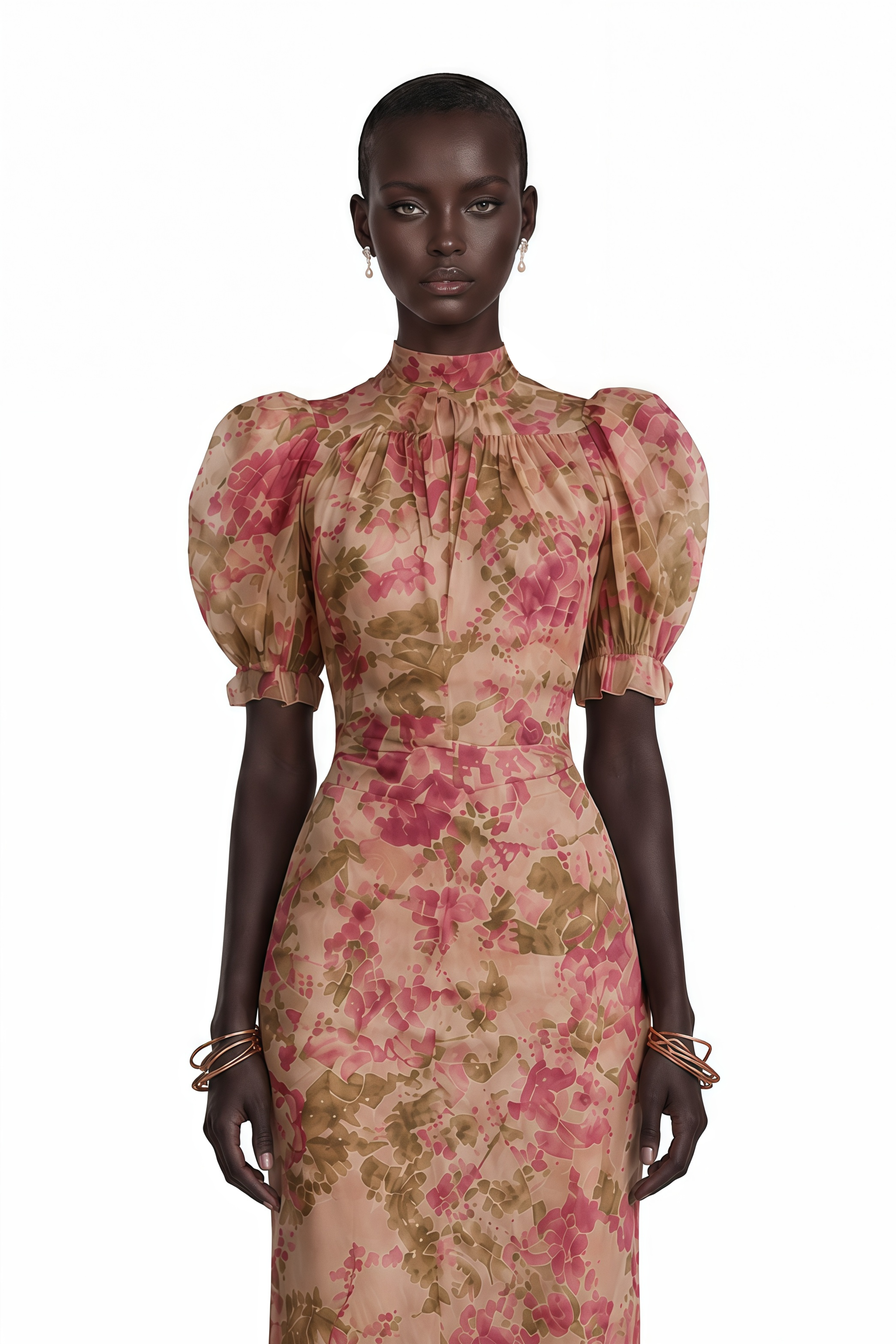 Pink and green floral high-neck dress with a ruffled mermaid hem
