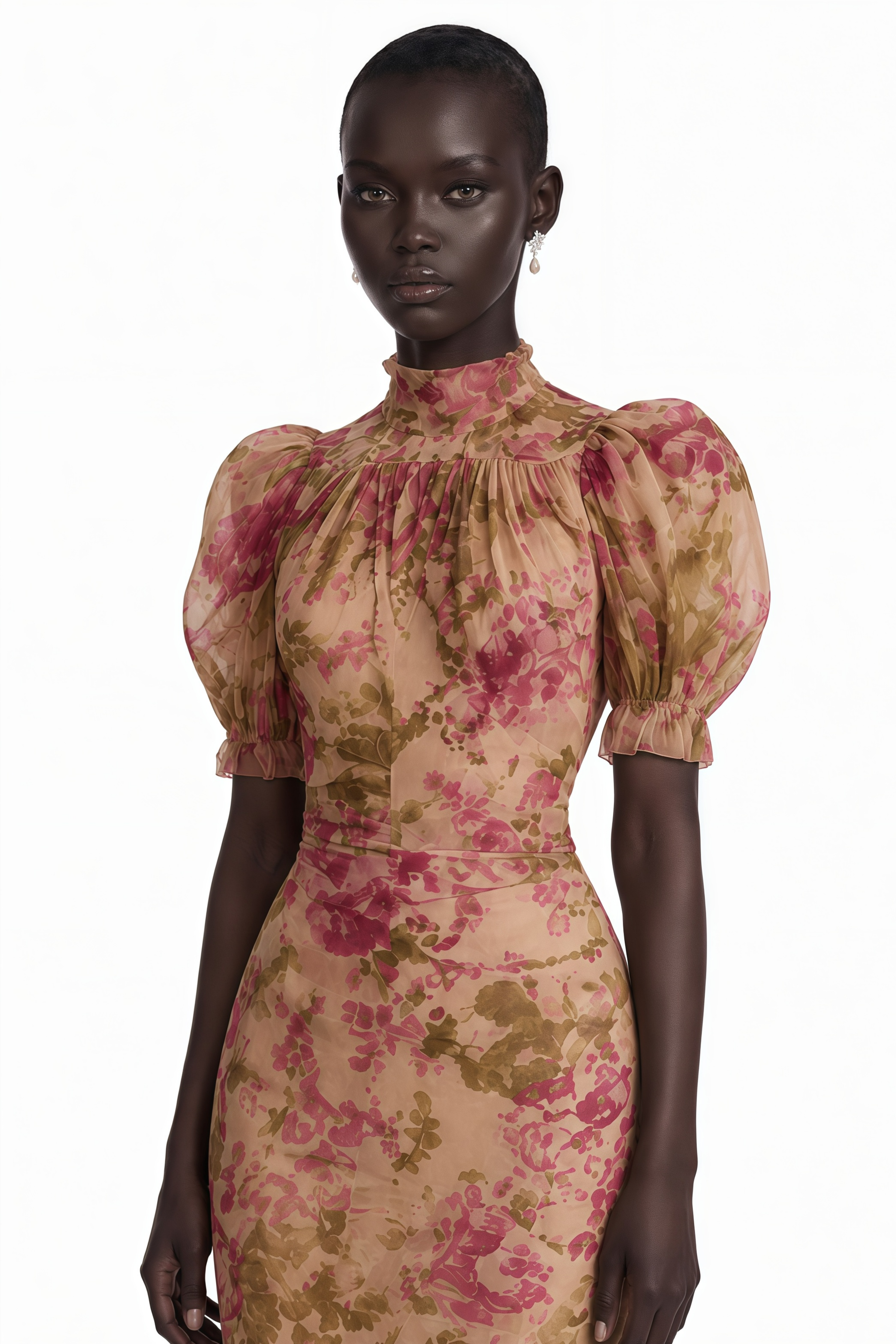 Pink and green floral high-neck dress with a ruffled mermaid hem