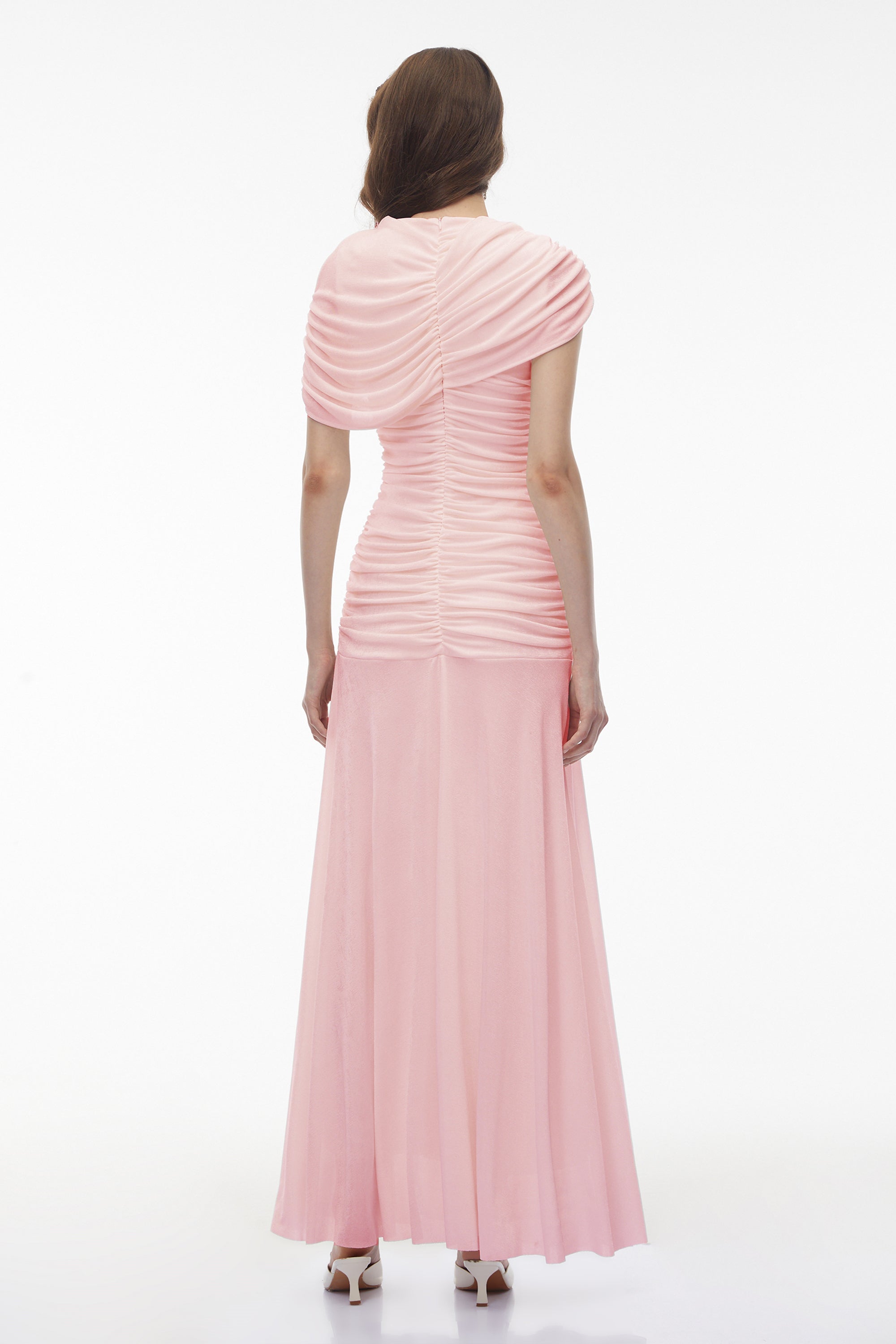 Light pink maxi dress with an asymmetric draped cowl neckline, a ruched bodice, and a flowing skirt