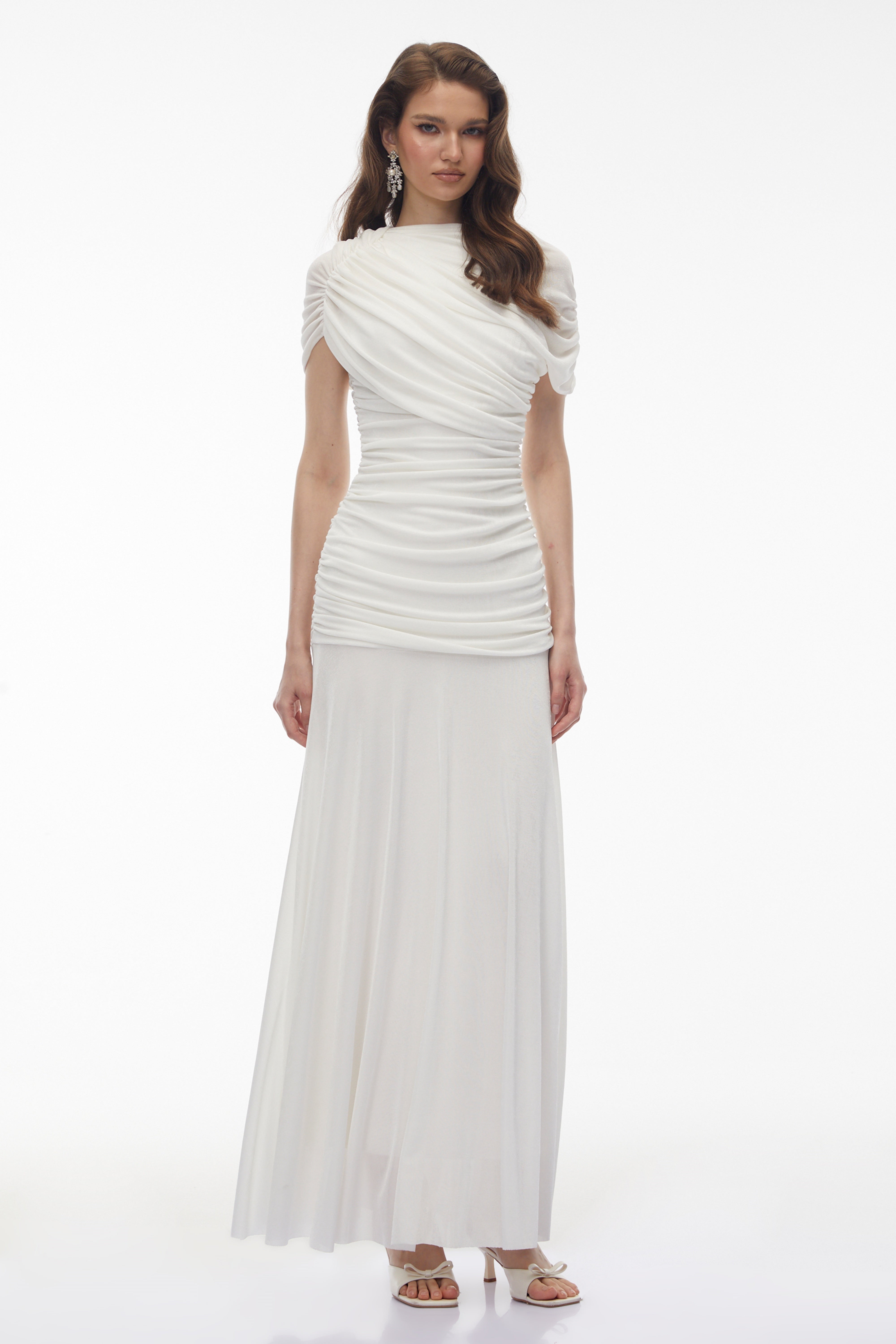 Rosalyn White Crew Neck Ruched Maxi Dress (Final Sale-US Only)