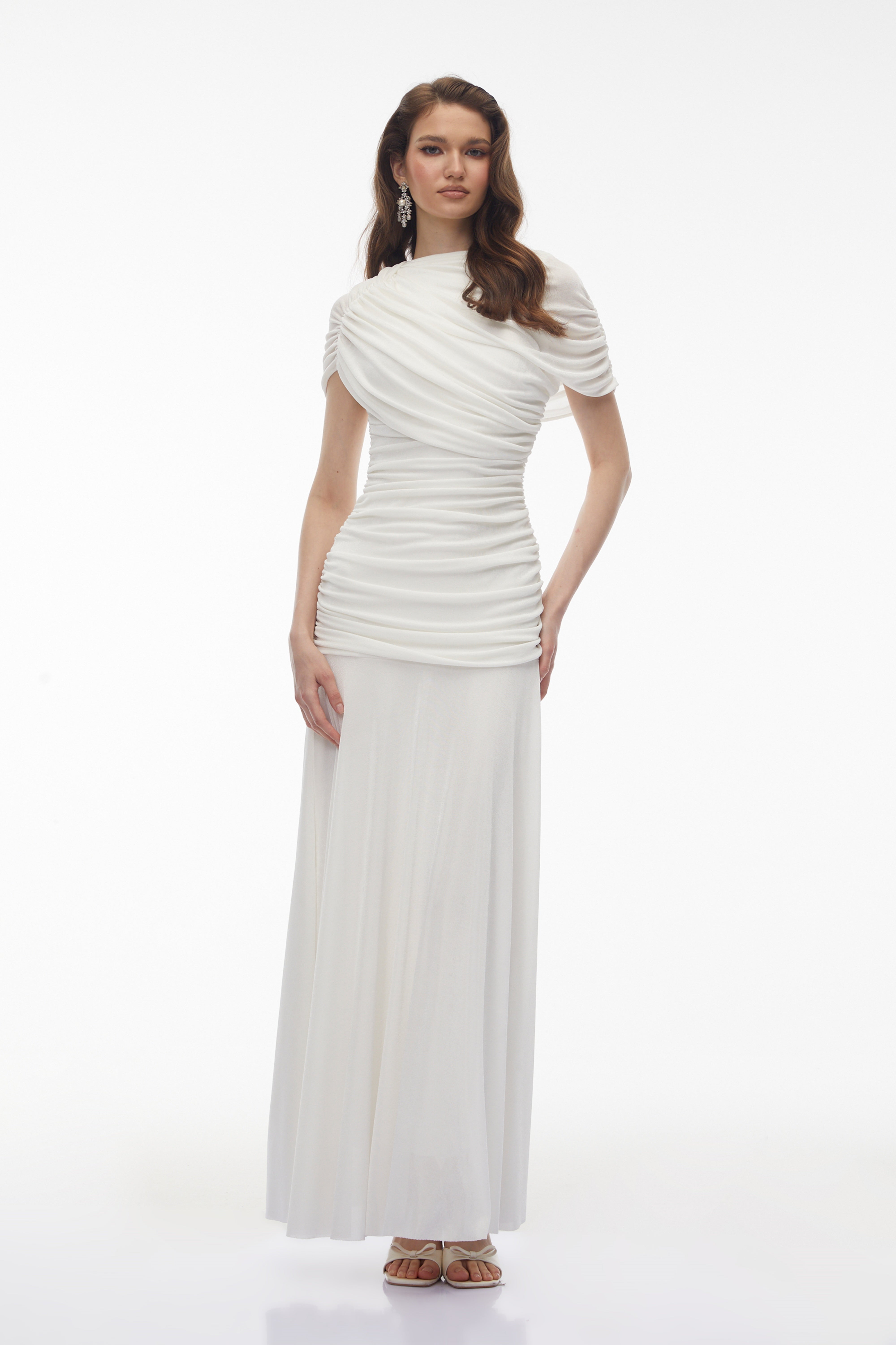 Rosalyn White Crew Neck Ruched Maxi Dress (Final Sale-US Only)