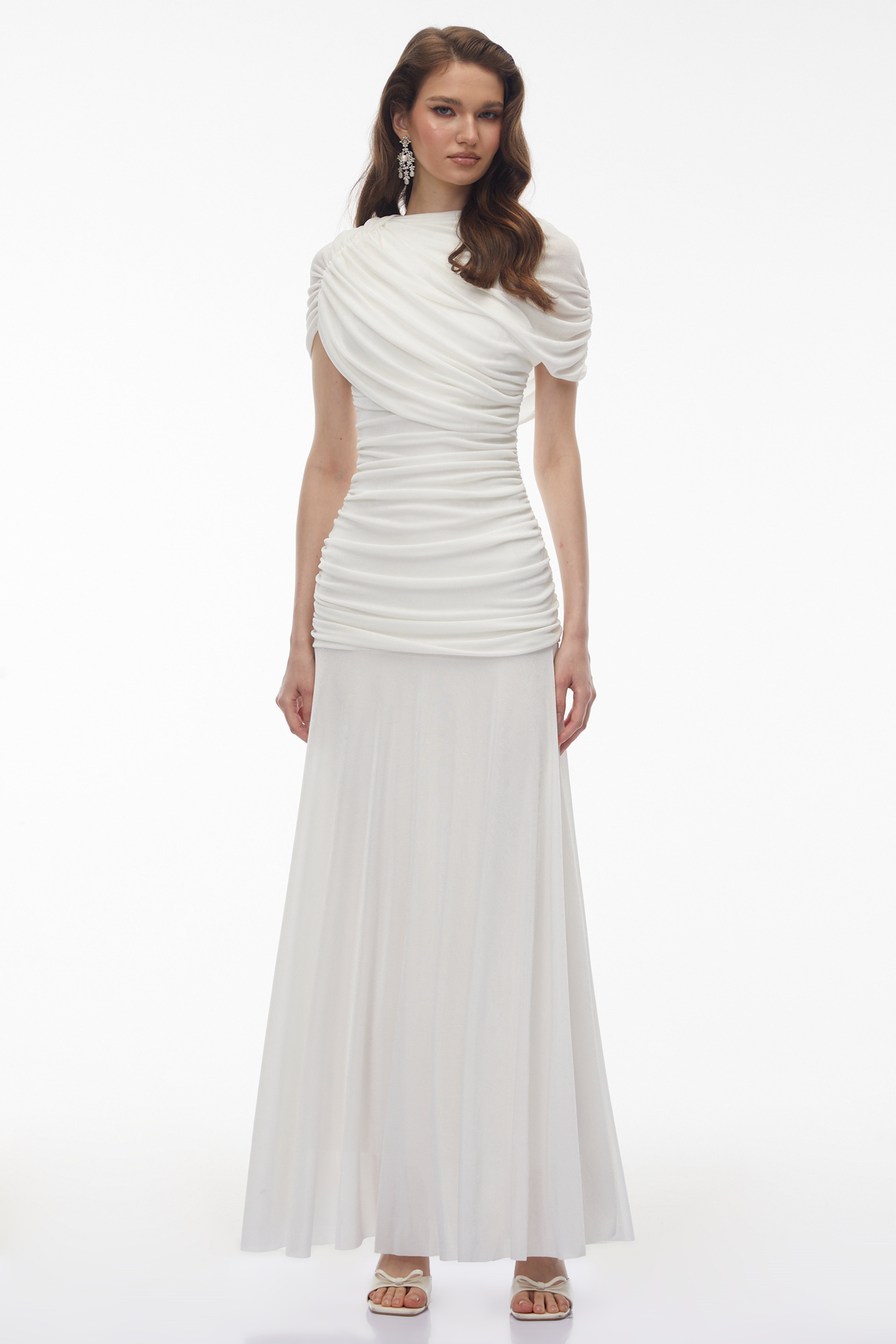 Rosalyn White Crew Neck Ruched Maxi Dress (Final Sale-US Only)