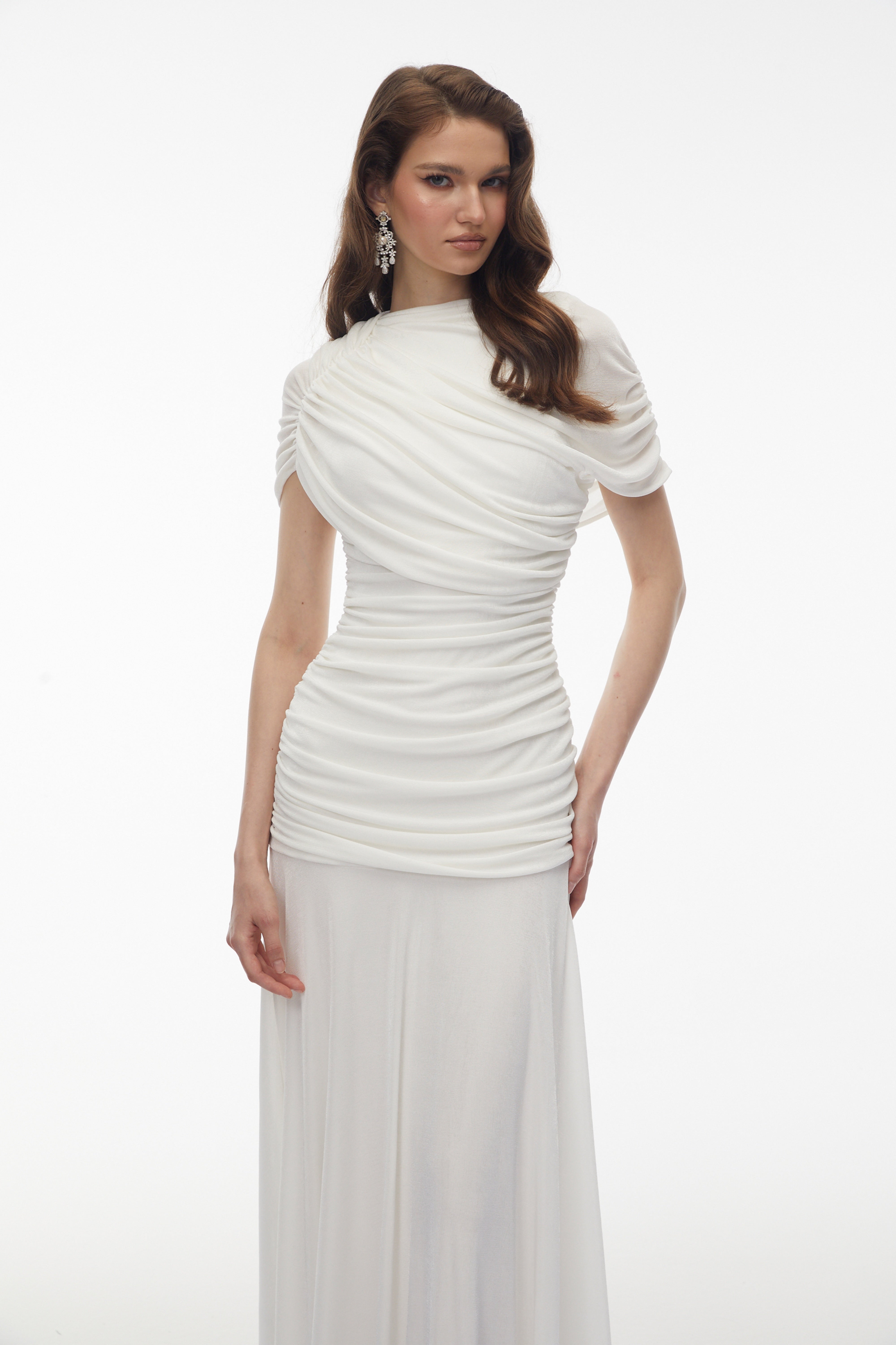 Rosalyn White Crew Neck Ruched Maxi Dress (Final Sale-US Only)