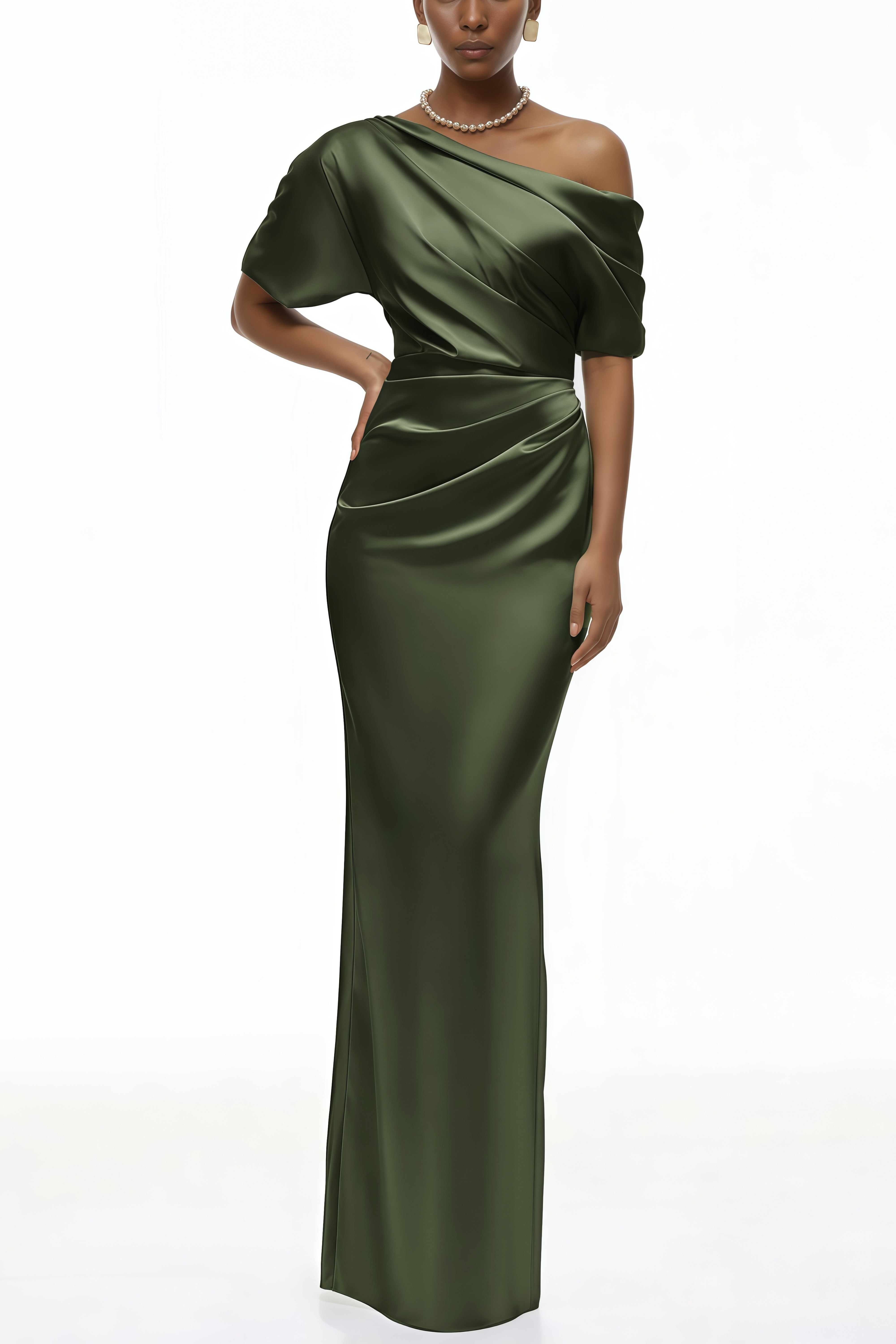Olive green satin maxi dress with a draped one-shoulder neckline and ruched fitted skirt