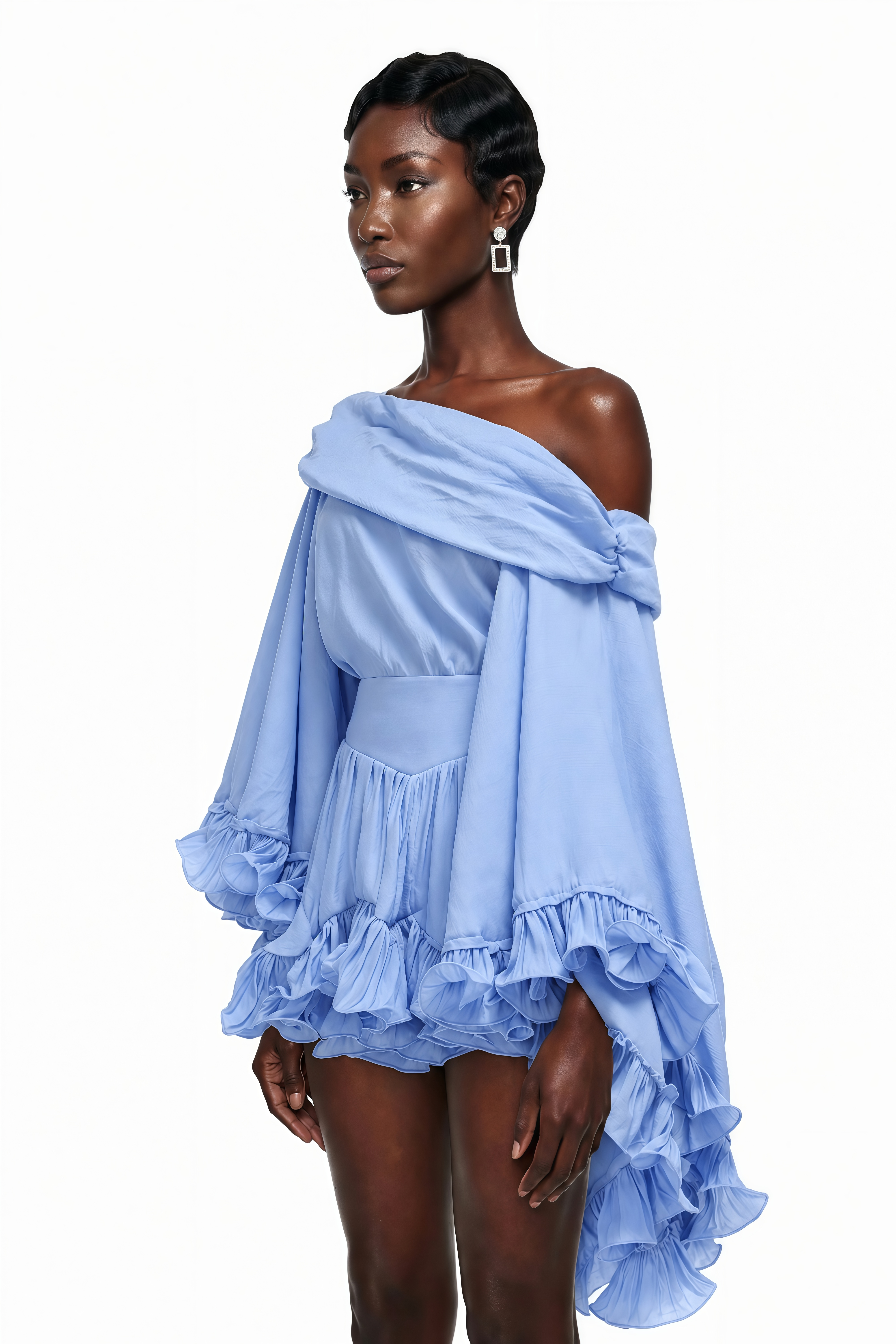 Periwinkle blue off-the-shoulder mini dress with tiered ruffle statement sleeves and hem
