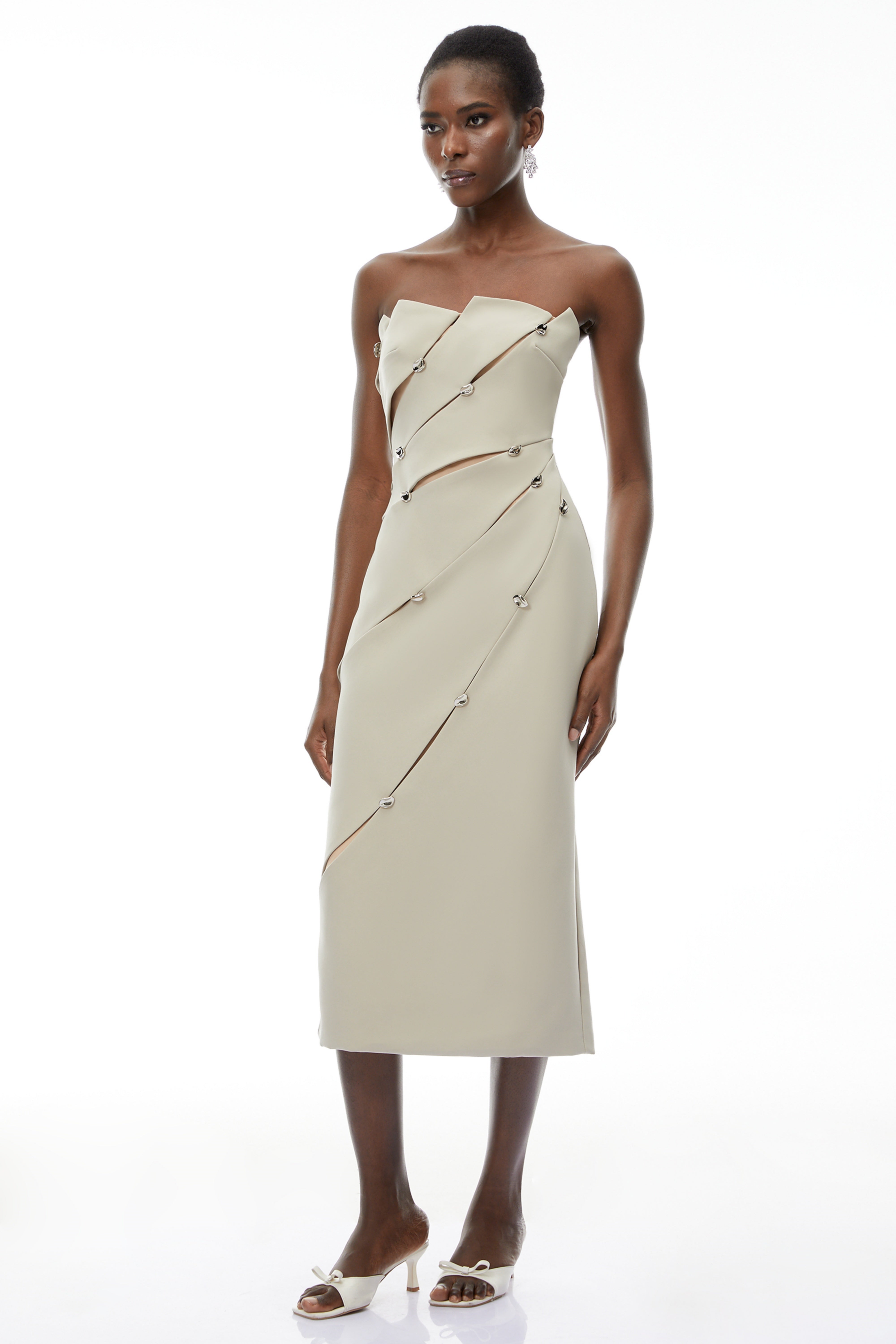 Rowena Khaki Asymmetrical Off Shoulder Midi Dress (Final Sale)