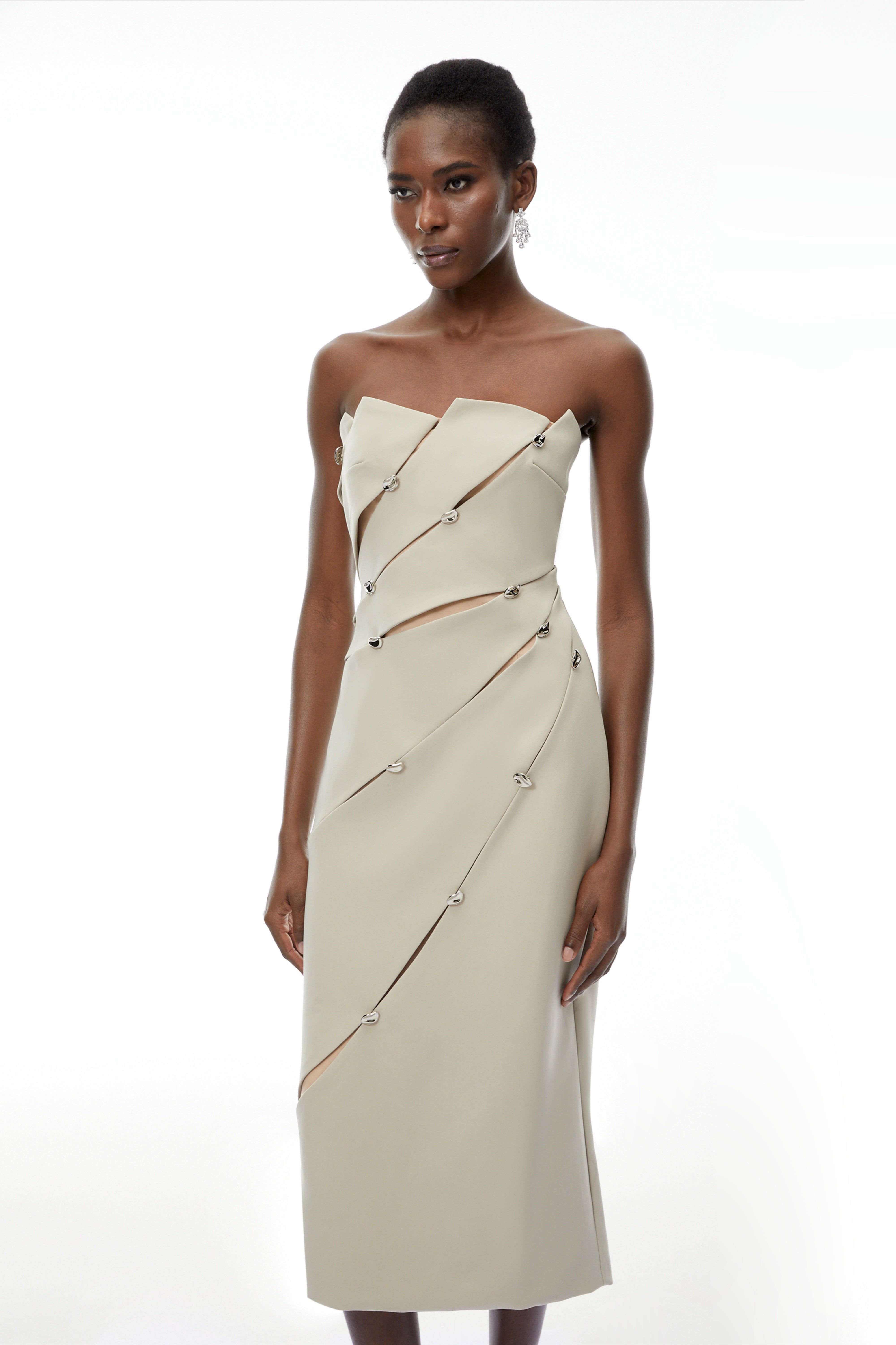 Rowena Khaki Asymmetrical Off Shoulder Midi Dress (Final Sale)