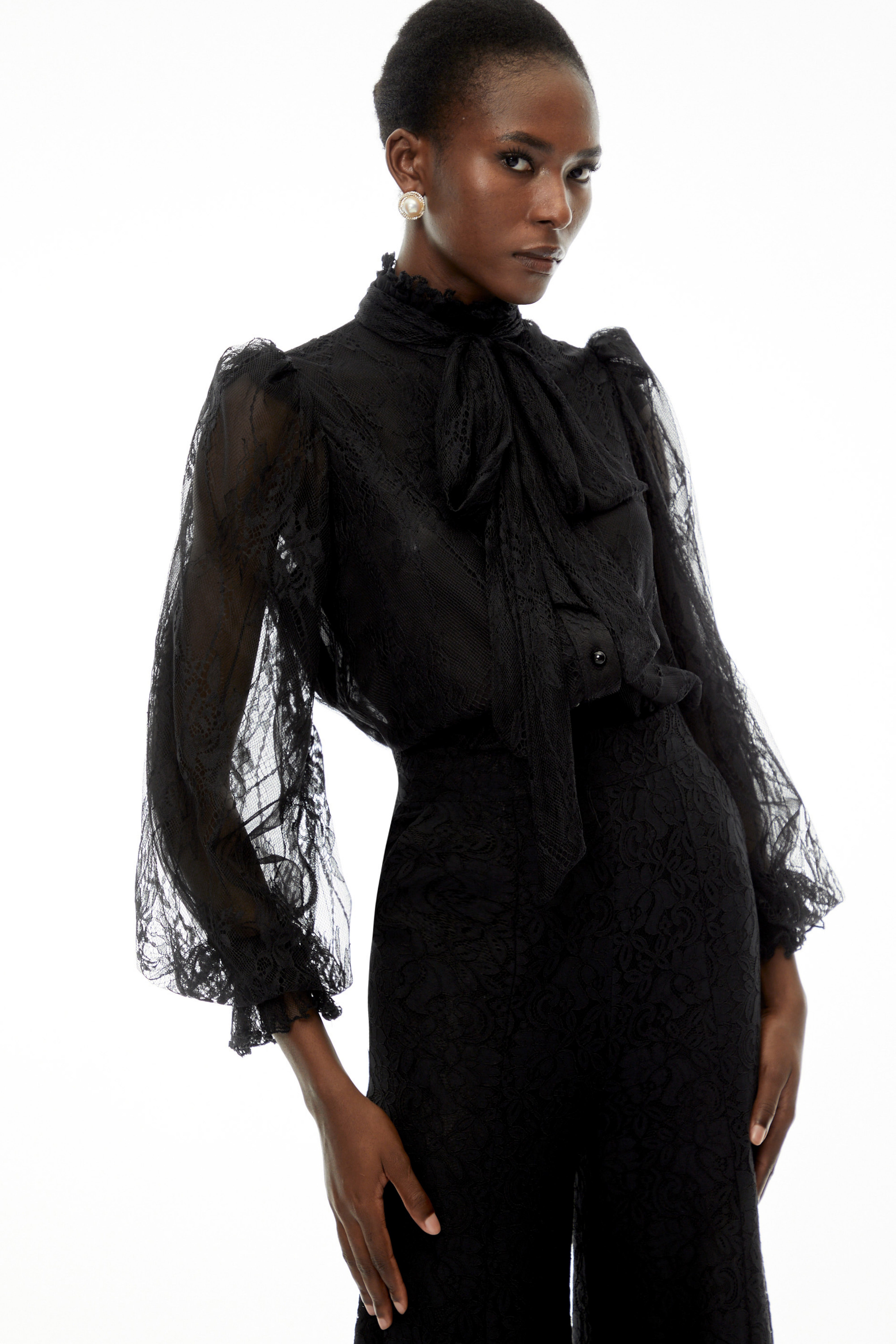 Sabrina Black Puff Sleeve Lace Blouse