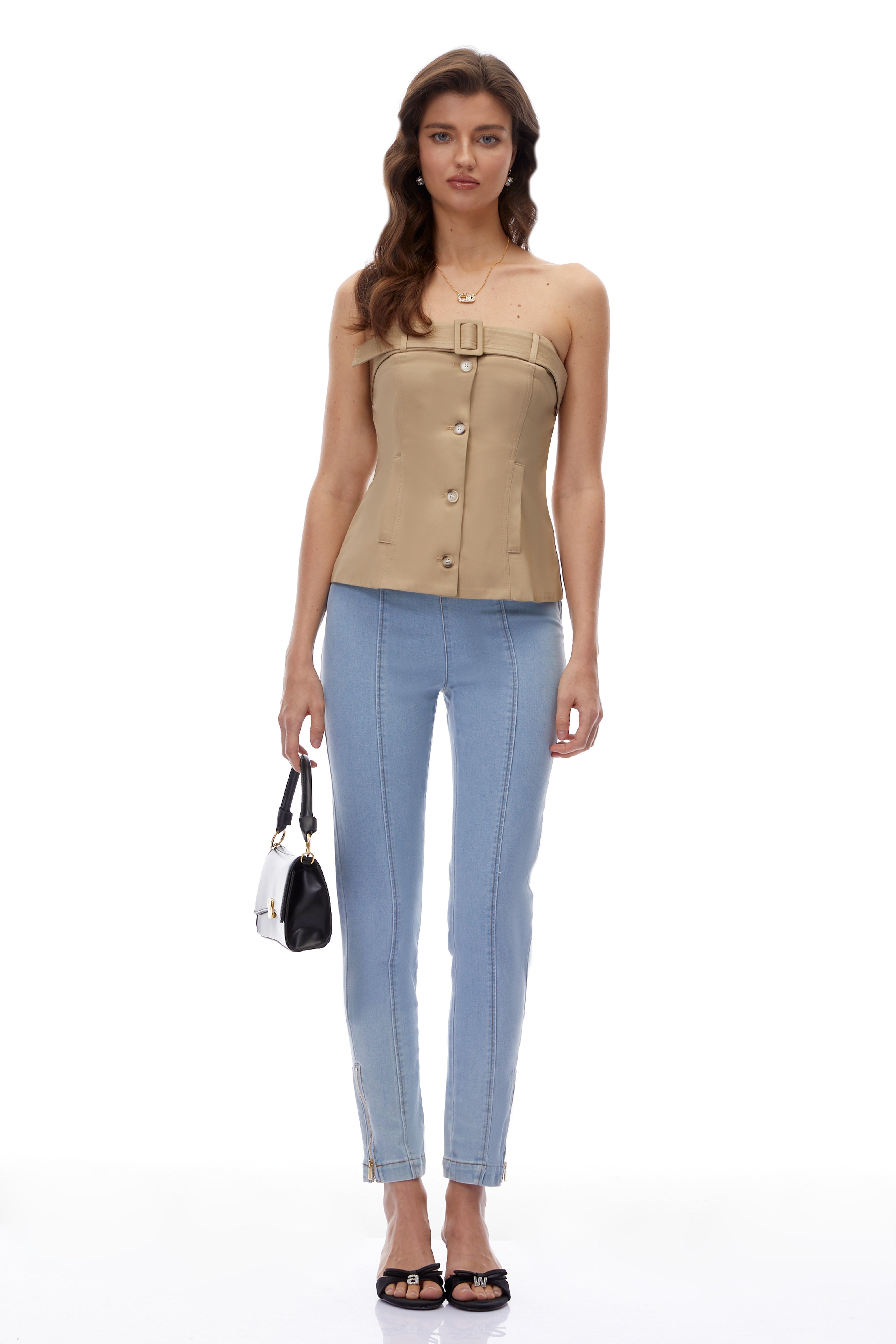 Sabrina Khaki Strapless Button Down Top