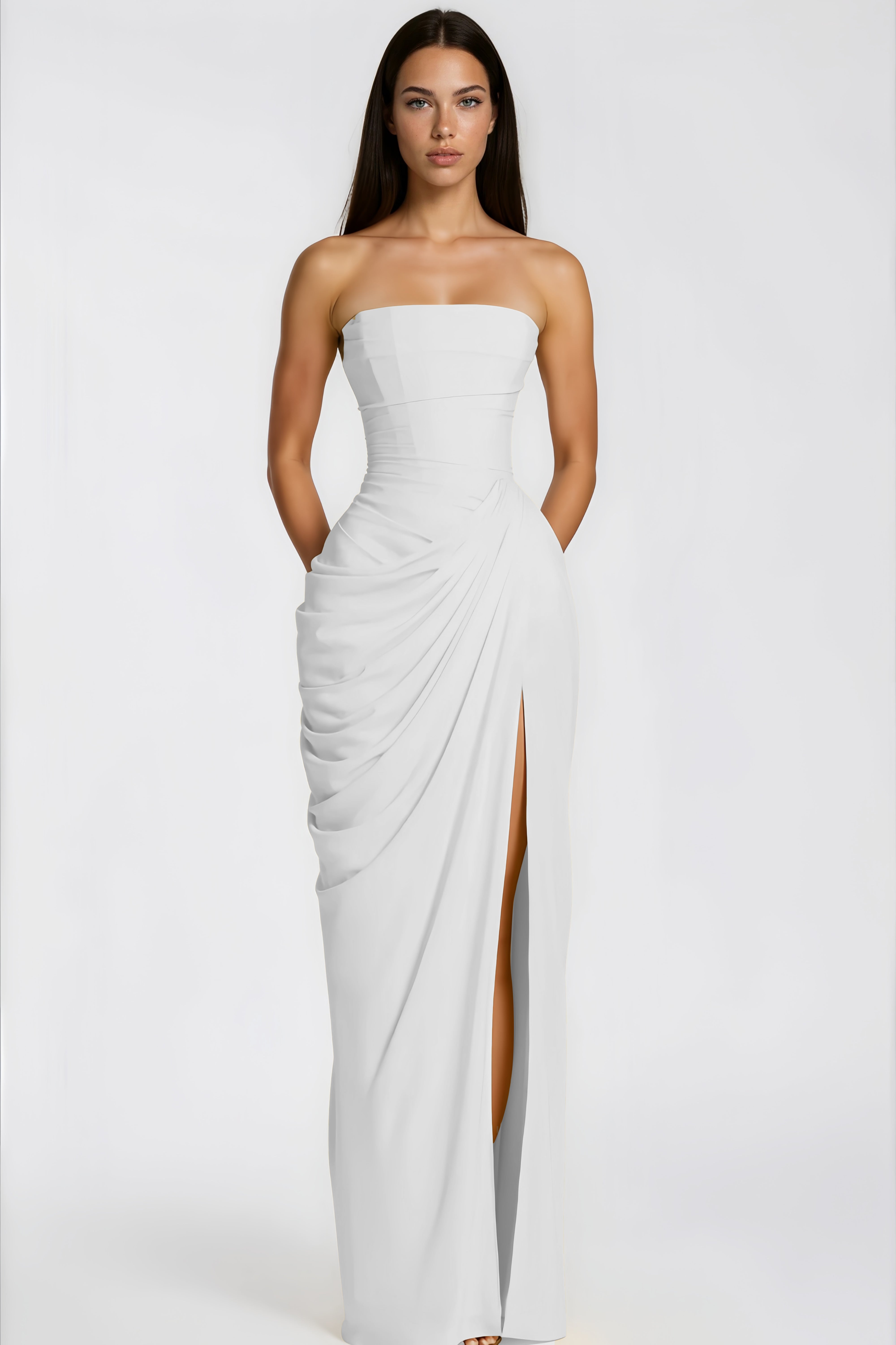 White Ruched Maxi Dress with Cross Front
