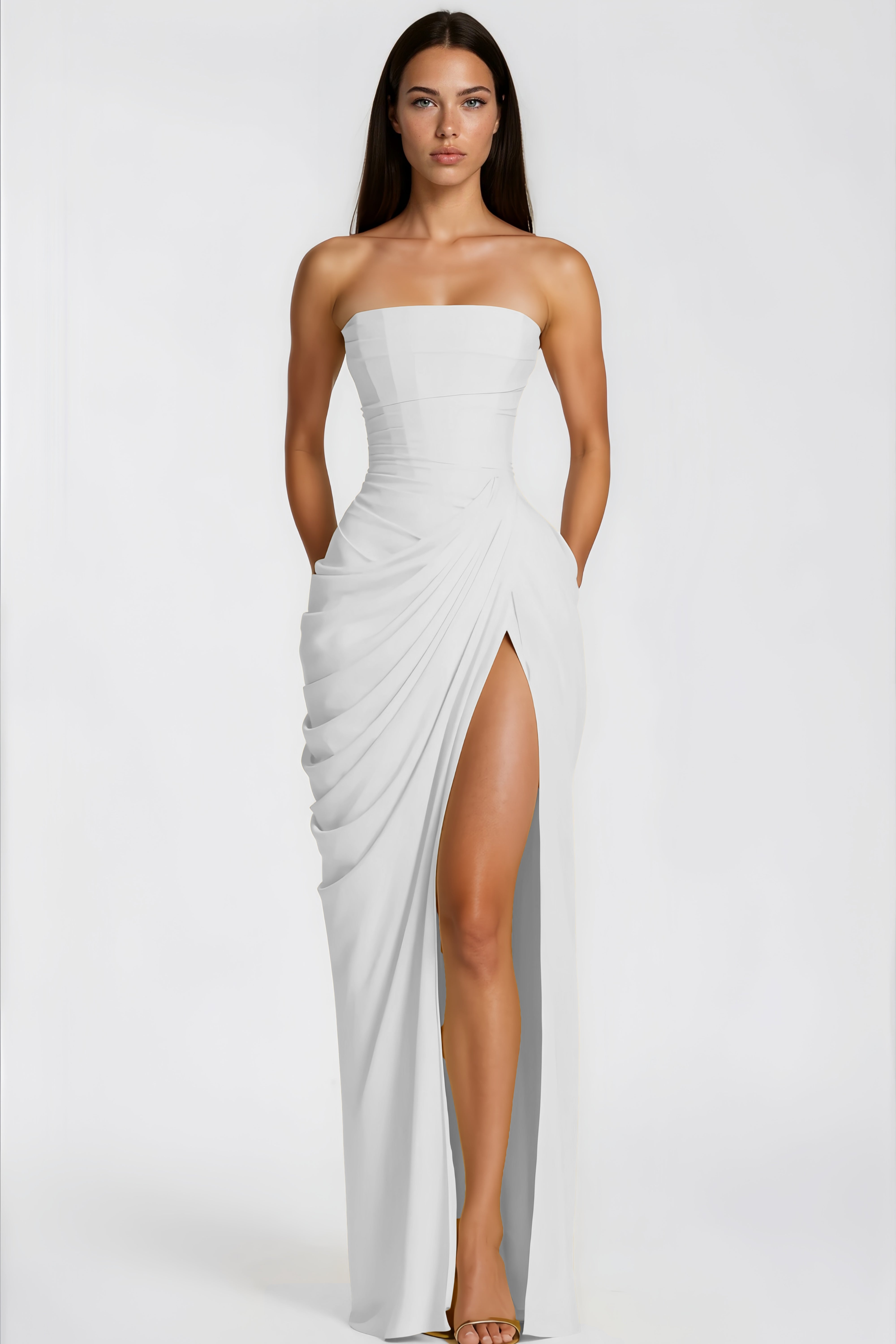 White Ruched Maxi Dress with Cross Front