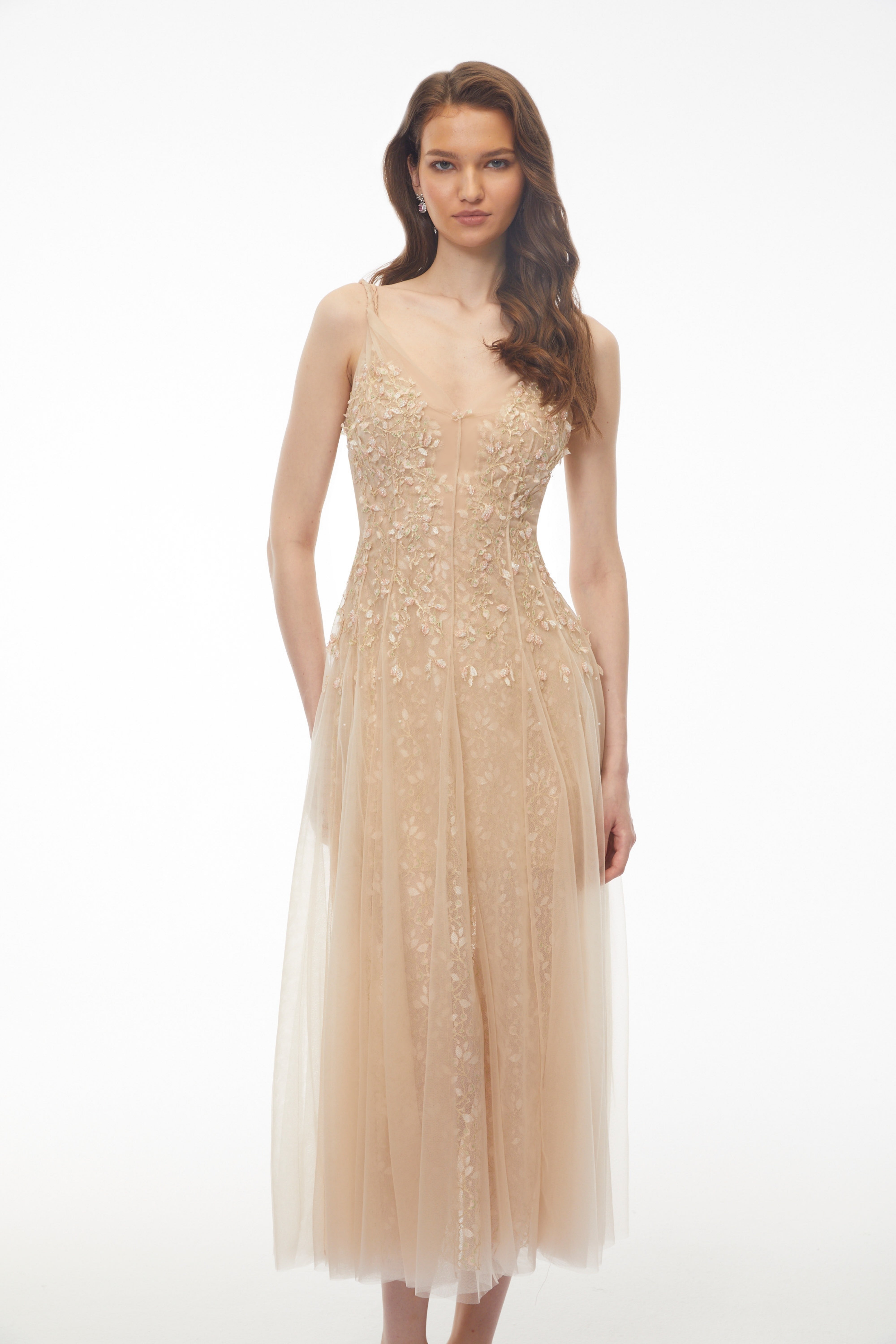 Saga Neutral Pleated Maxi Dress with 3D Petals (Final Sale)