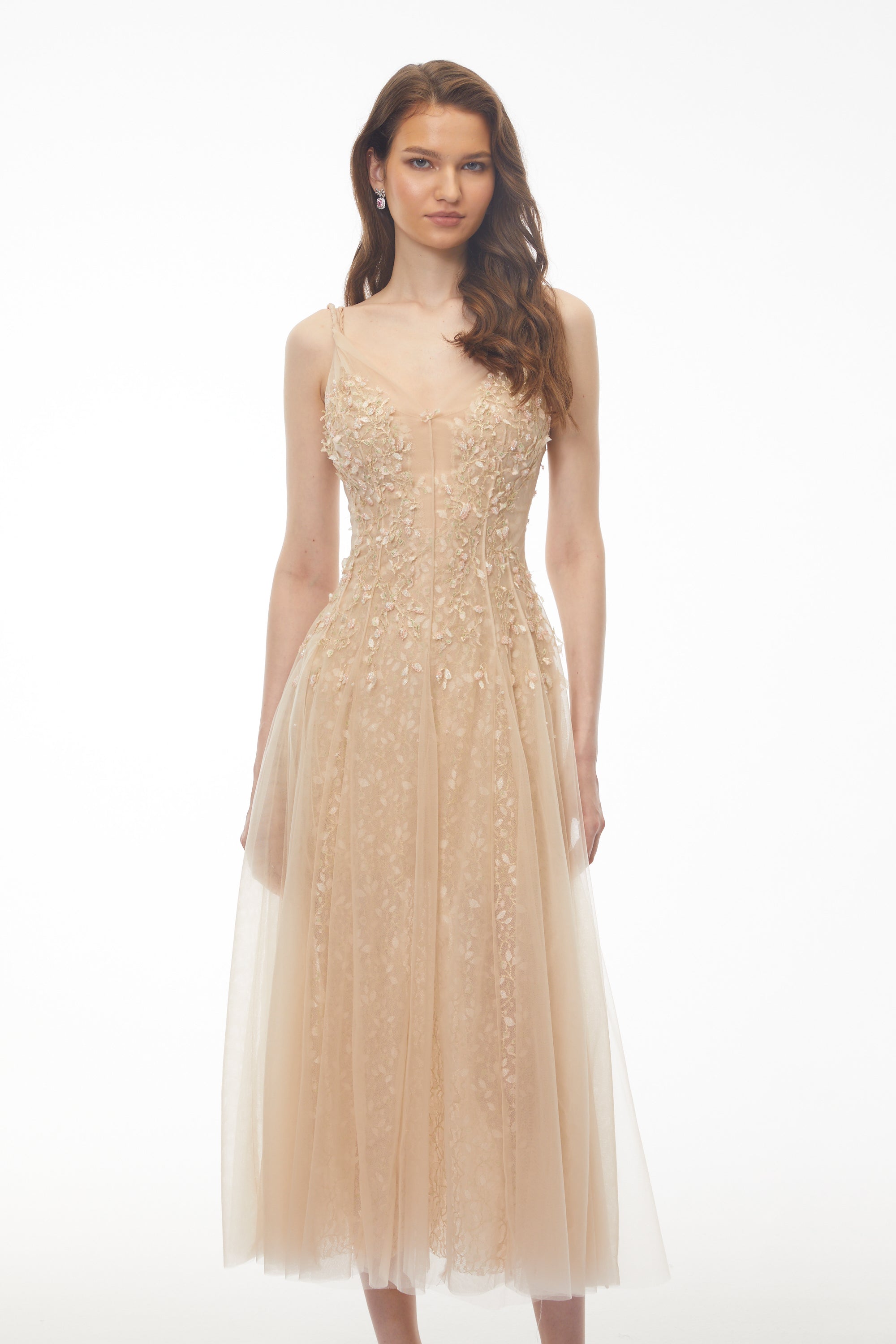 Saga Neutral Pleated Maxi Dress with 3D Petals (Final Sale)