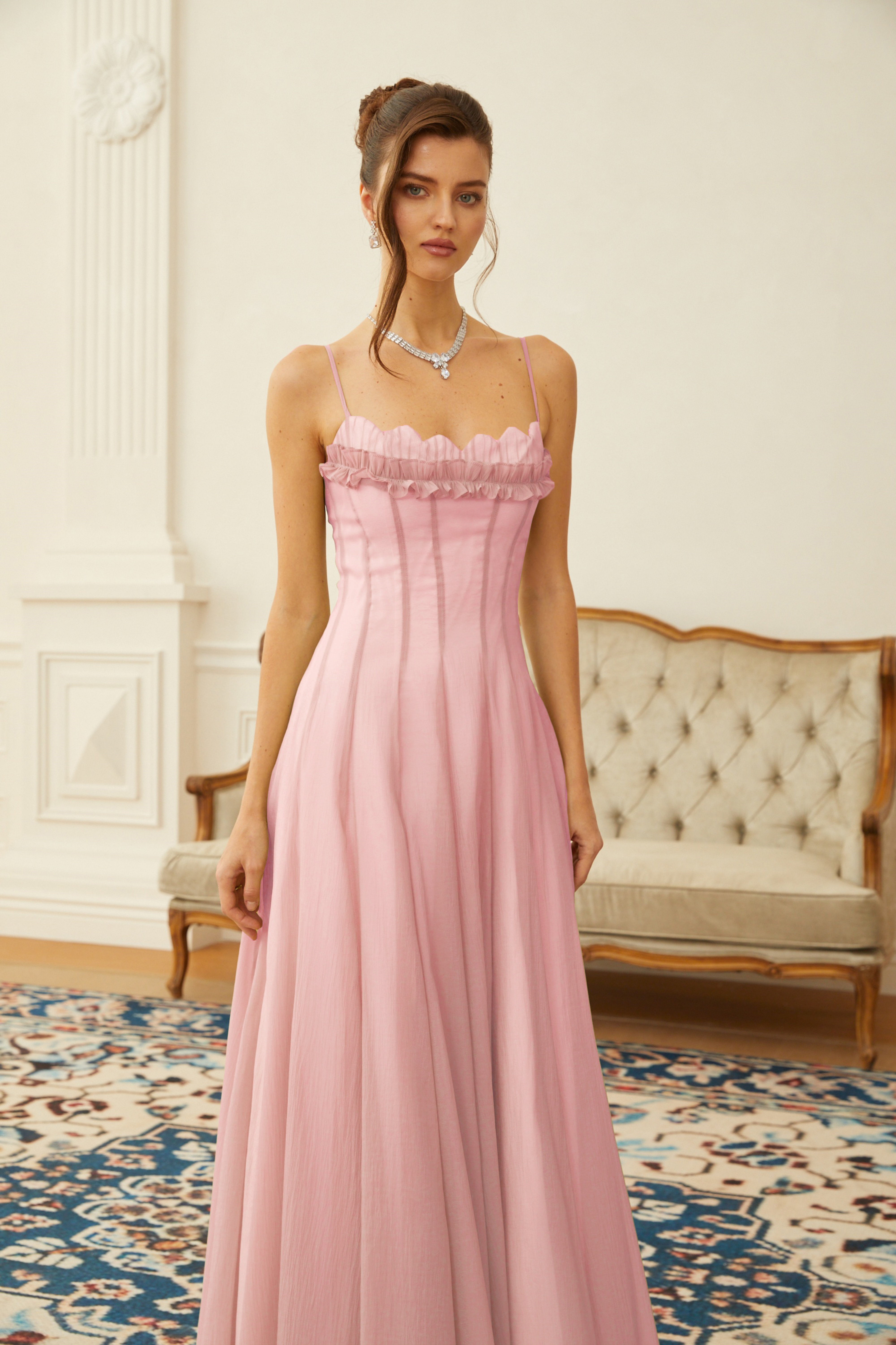 Ruffled Shirred Tulle Maxi Dress in Pink