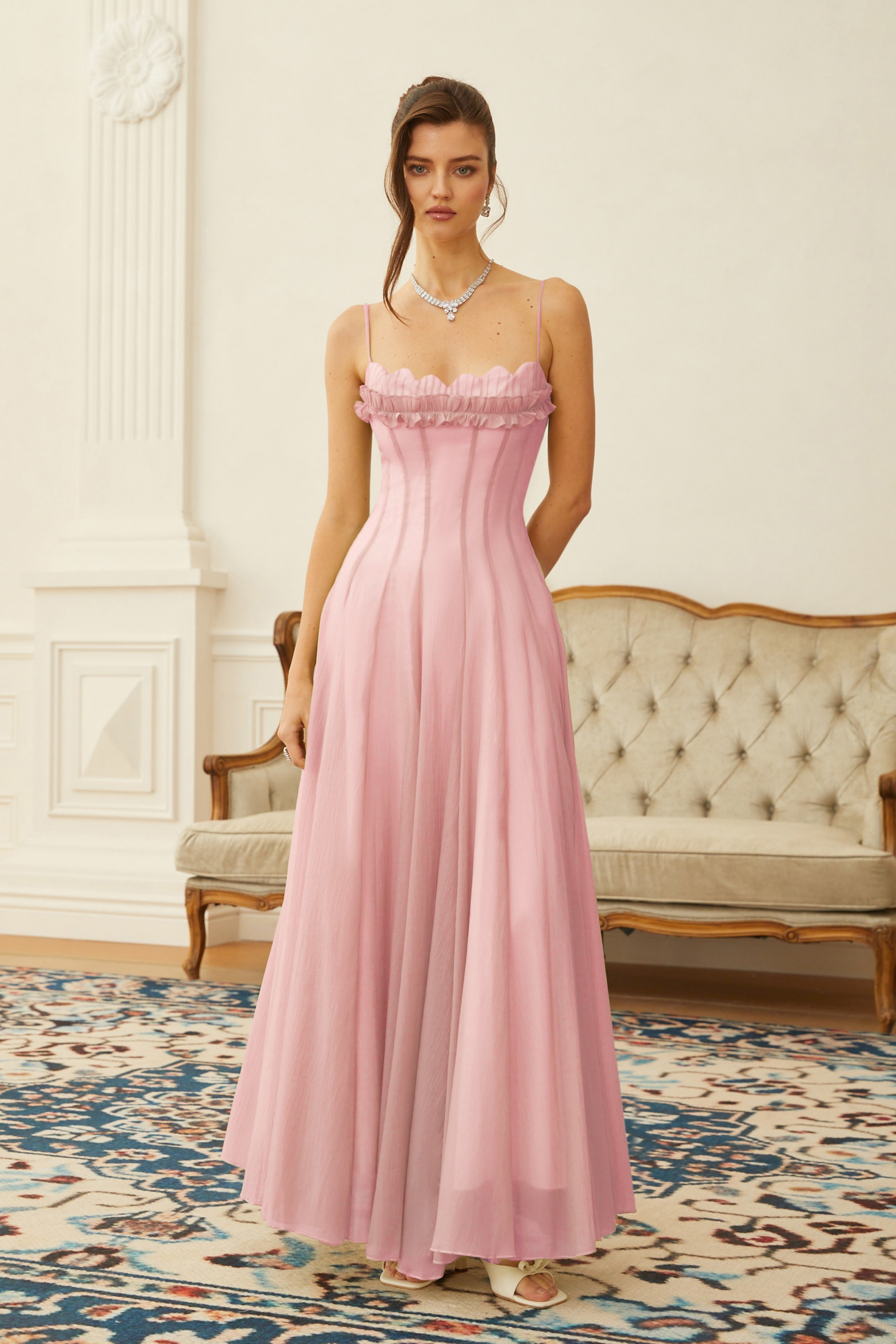 Ruffled Shirred Tulle Maxi Dress in Pink