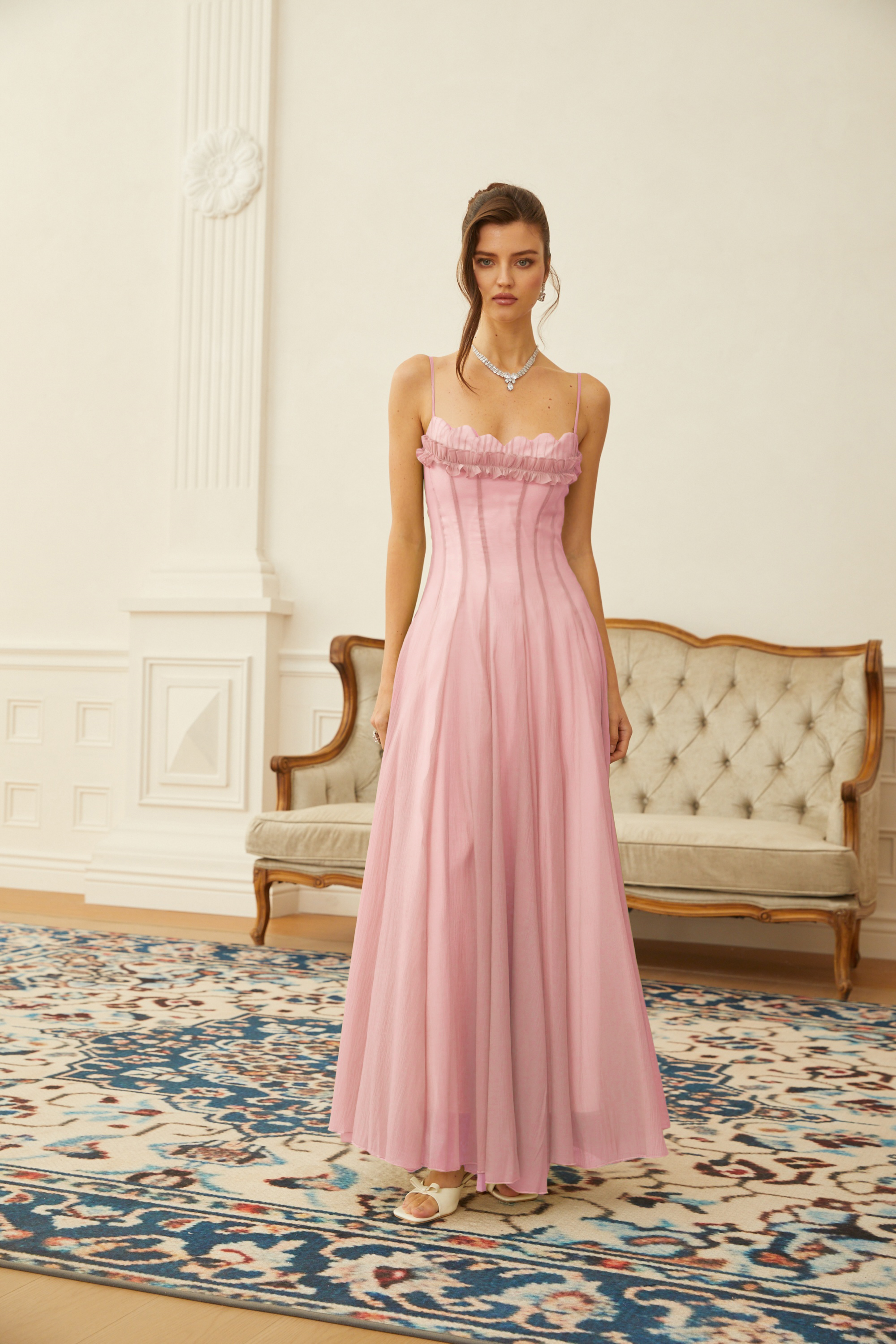 Ruffled Shirred Tulle Maxi Dress in Pink