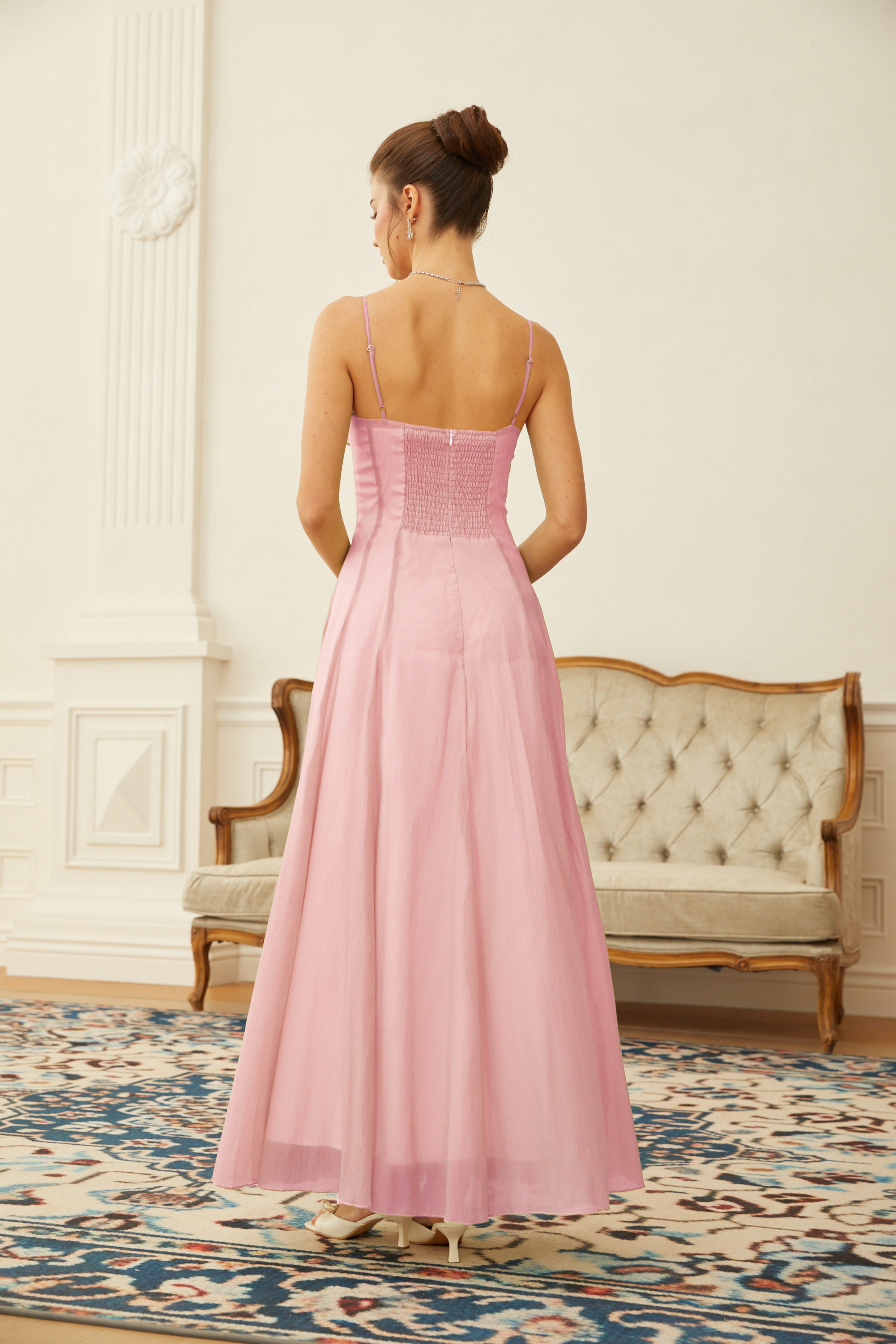 Ruffled Shirred Tulle Maxi Dress in Pink