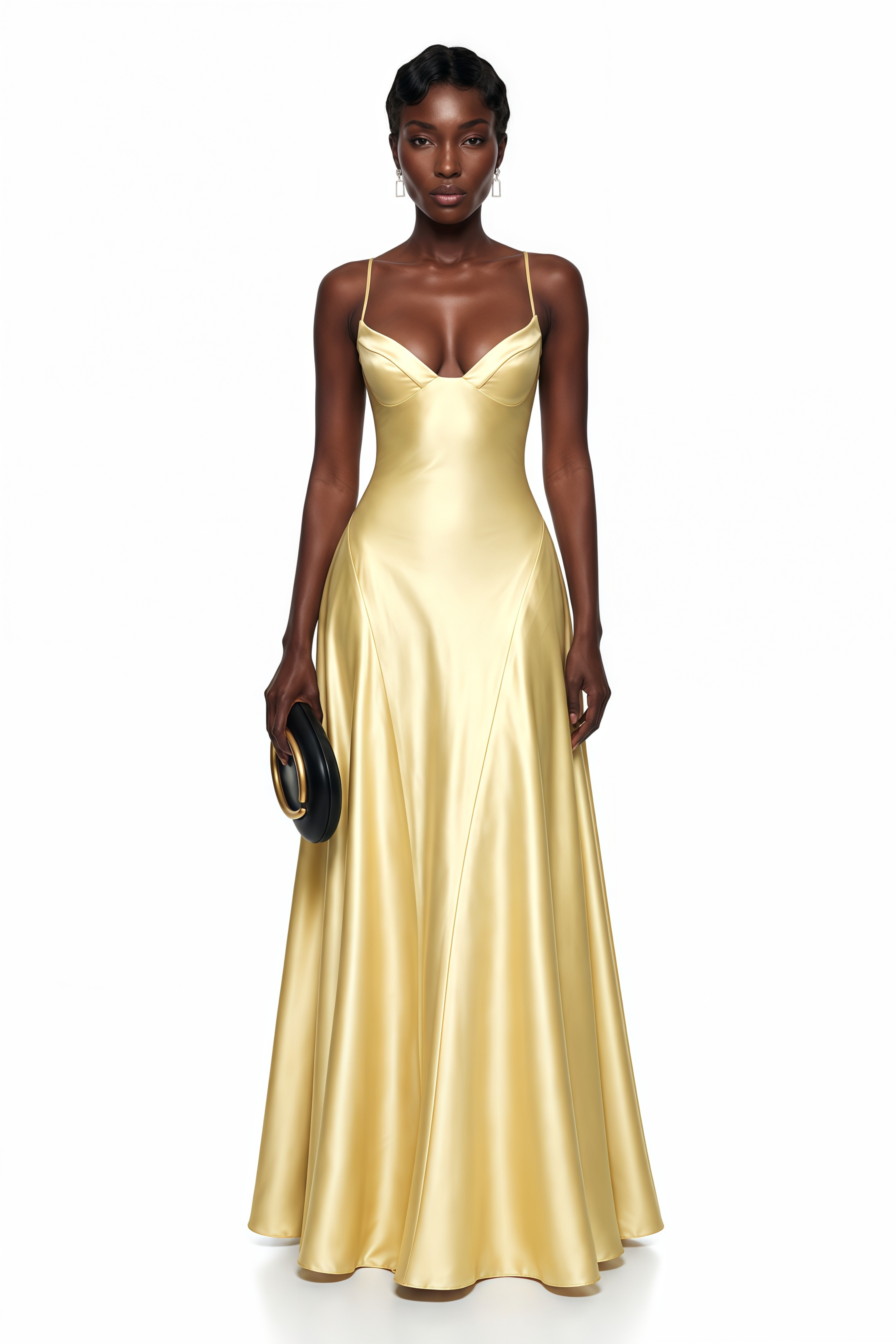 Salomé Yellow V-Neck Flared Satin Maxi Dress (Final Sale-US Only)