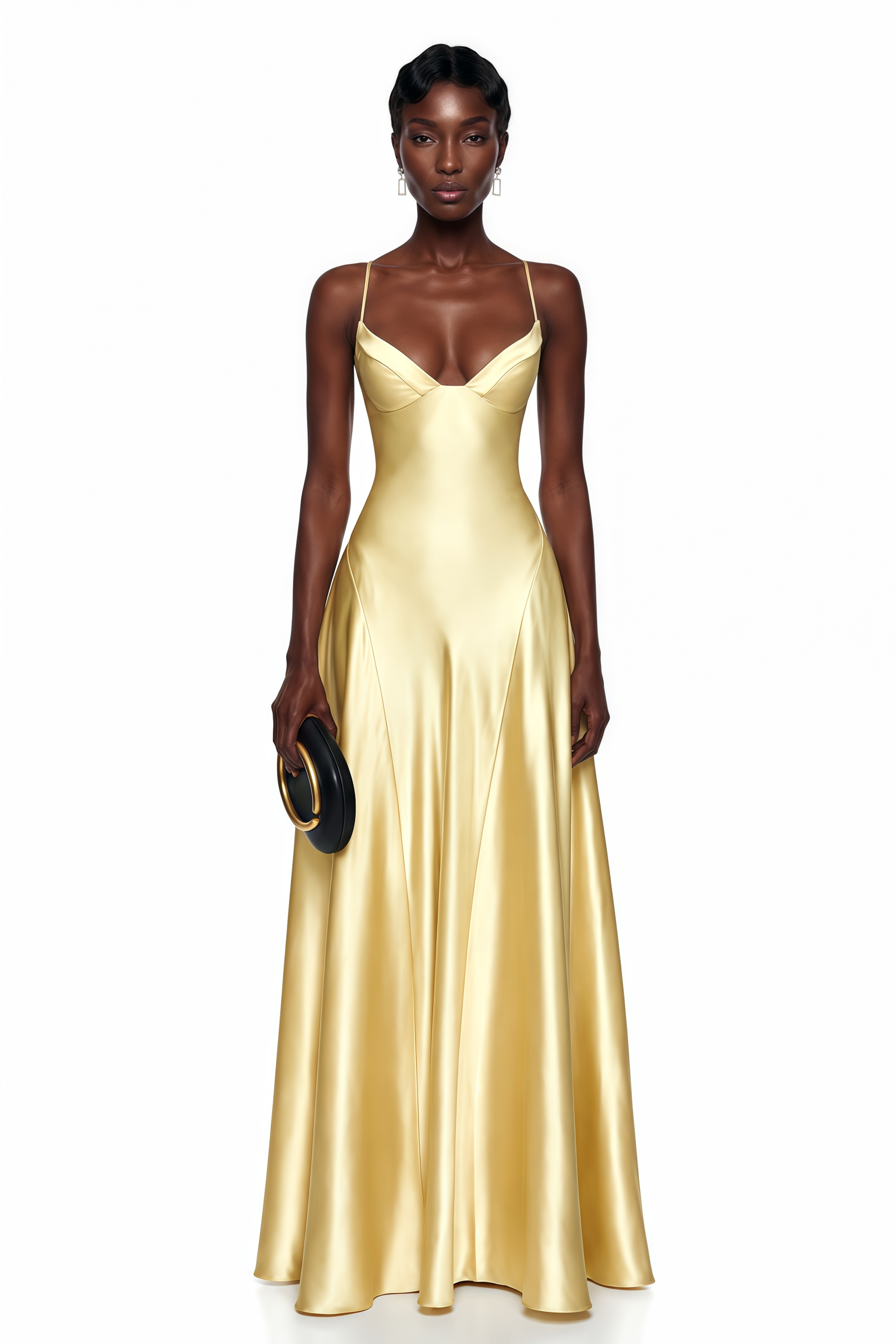 Salomé Yellow V-Neck Flared Satin Maxi Dress (Final Sale-US Only)