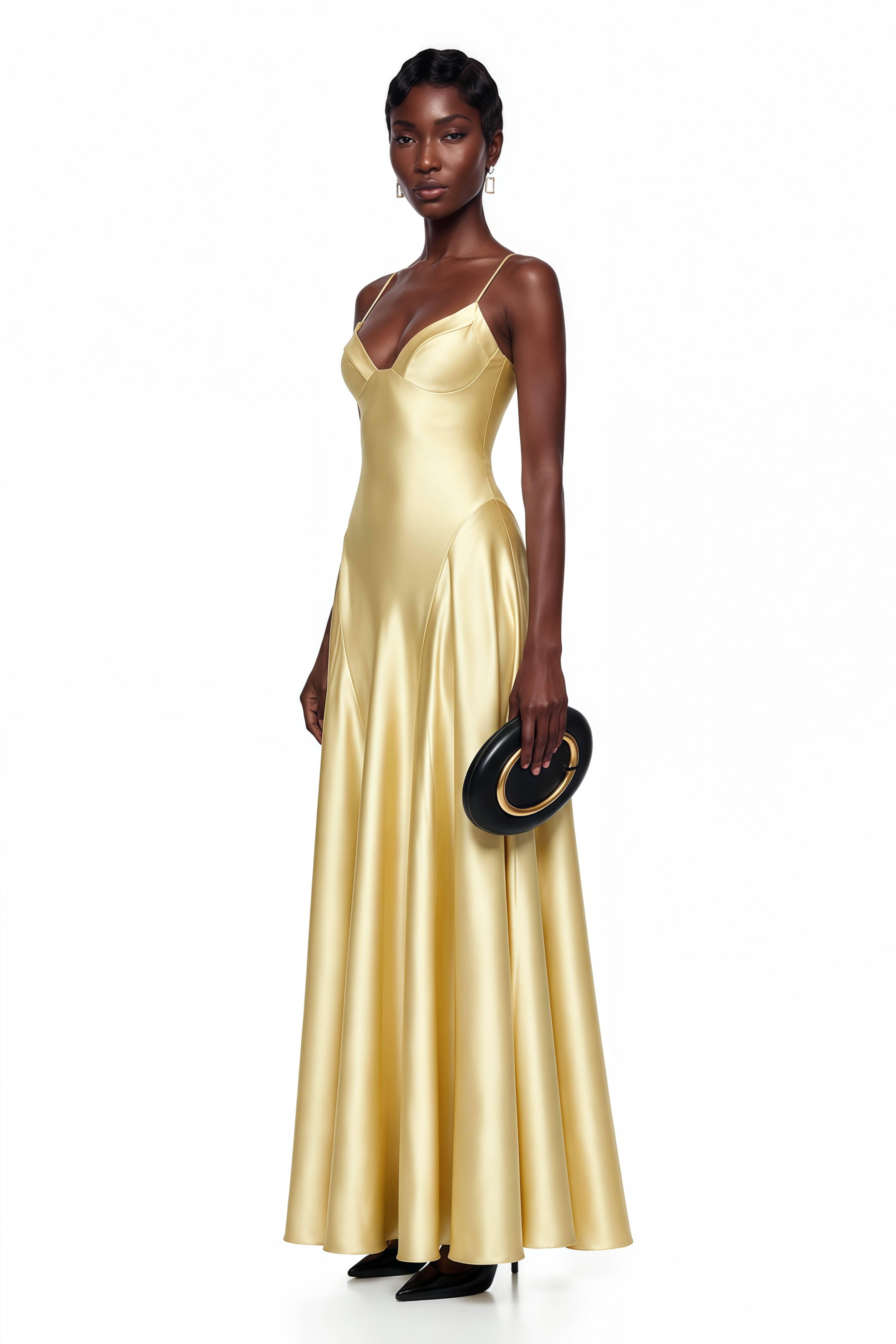 Salomé Yellow V-Neck Flared Satin Maxi Dress (Final Sale-US Only)
