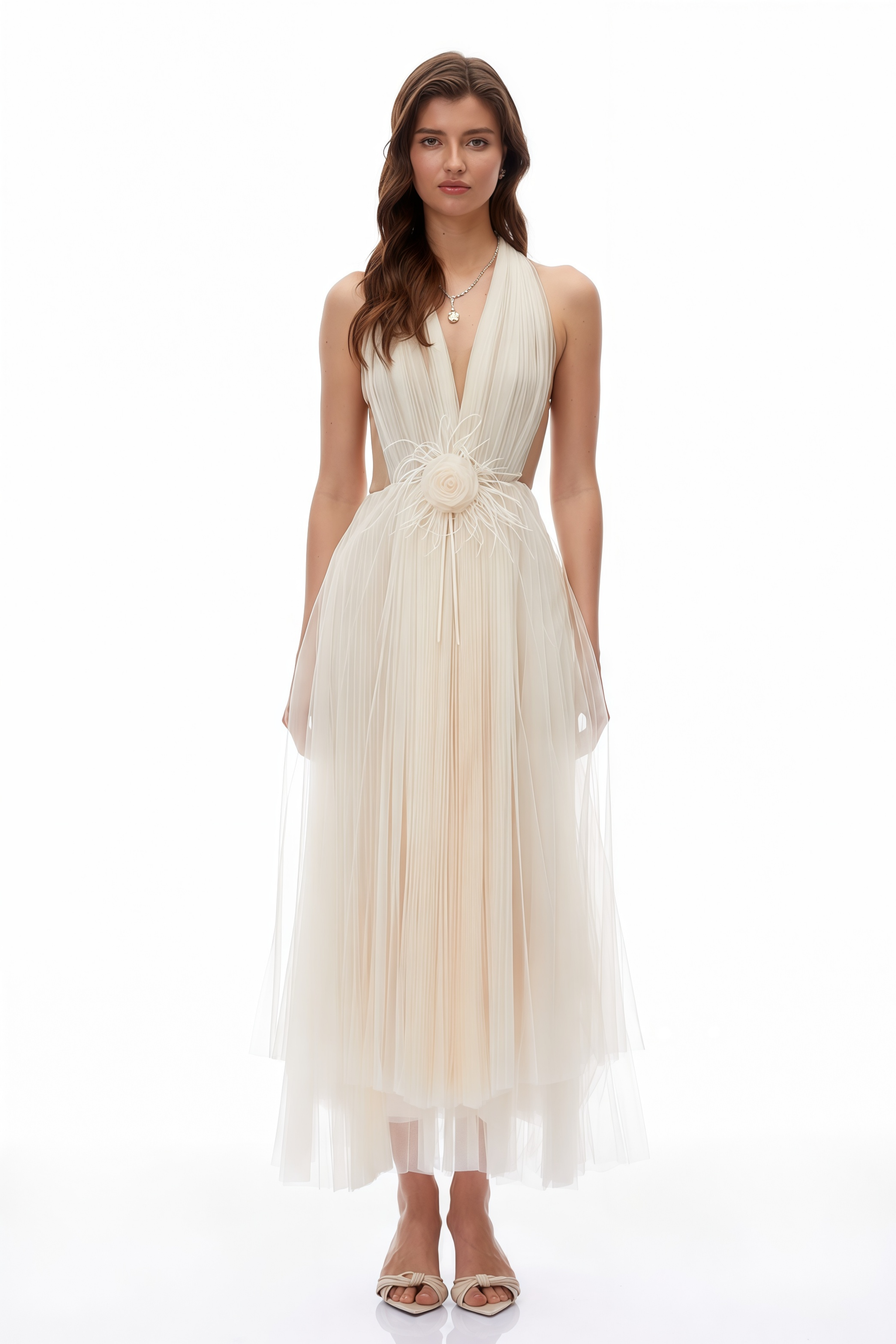 Samantha Neutral Halterneck Semi-Sheer Maxi Dress