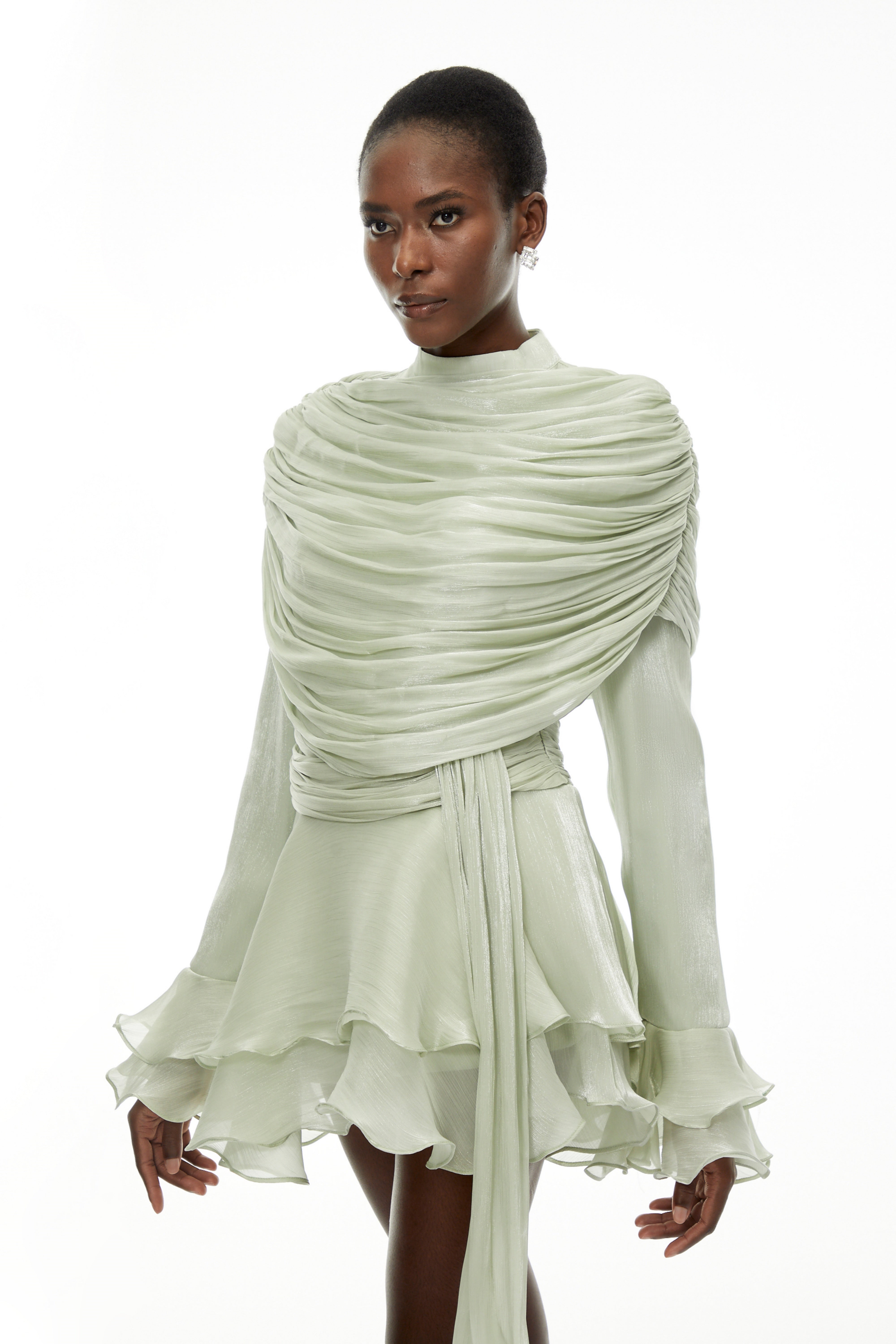 Samira Sage Green Ruffled Ruched Mini Dress with Ribbon