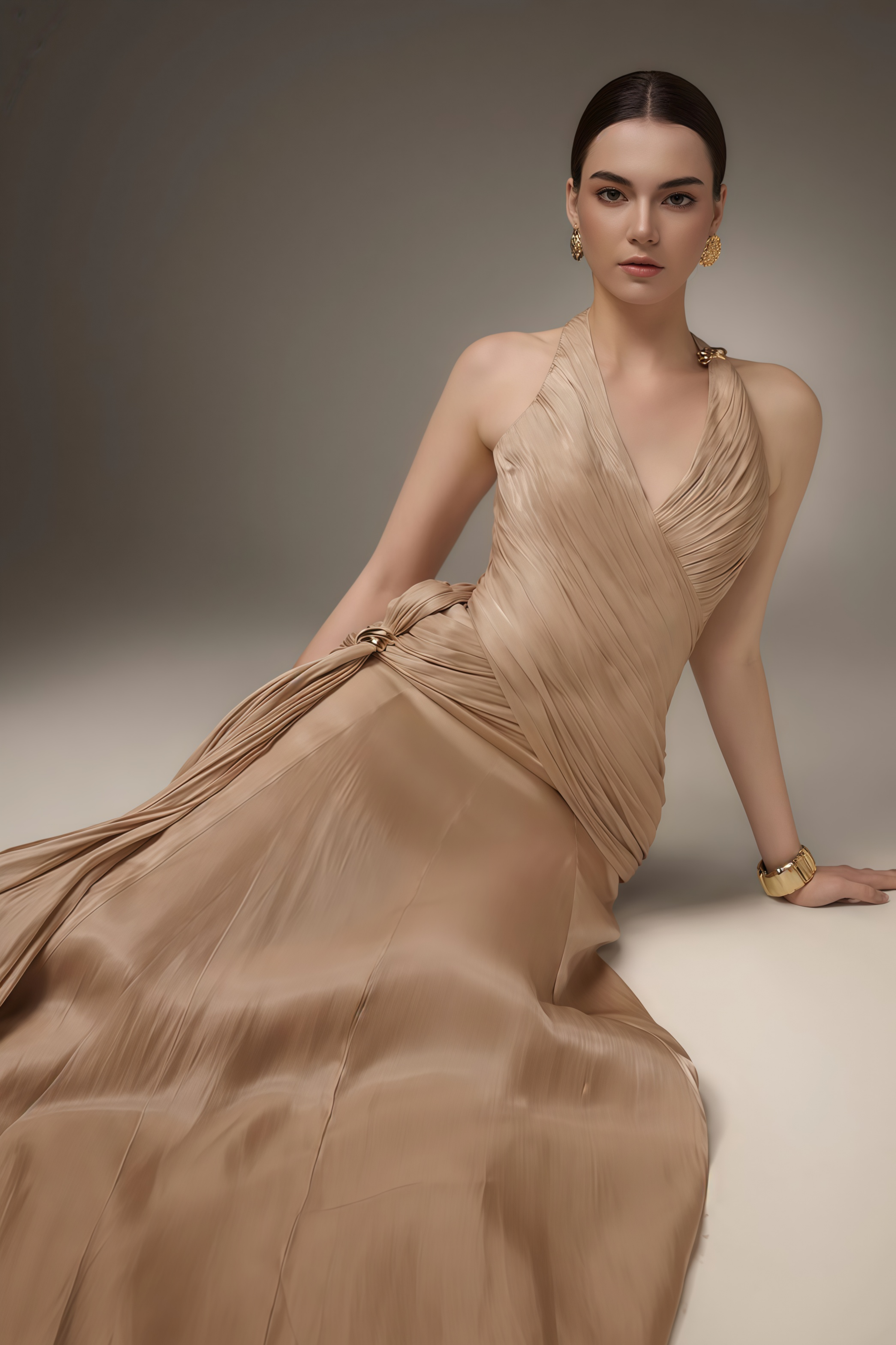 Sapir Bronze Halterneck Satin Maxi Dress with Ribbon (Final Sale-US Only)