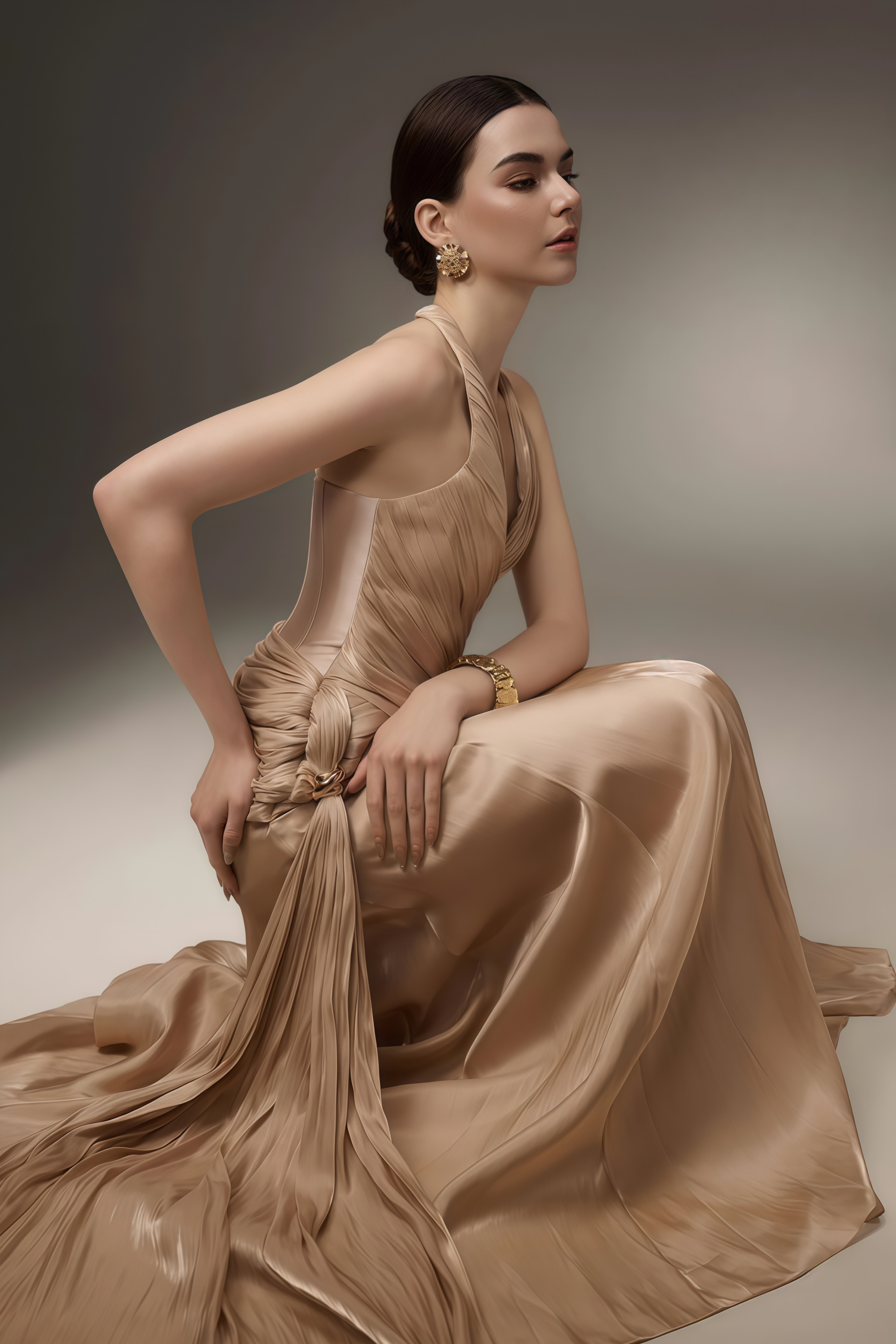 Sapir Bronze Halterneck Satin Maxi Dress with Ribbon (Final Sale-US Only)