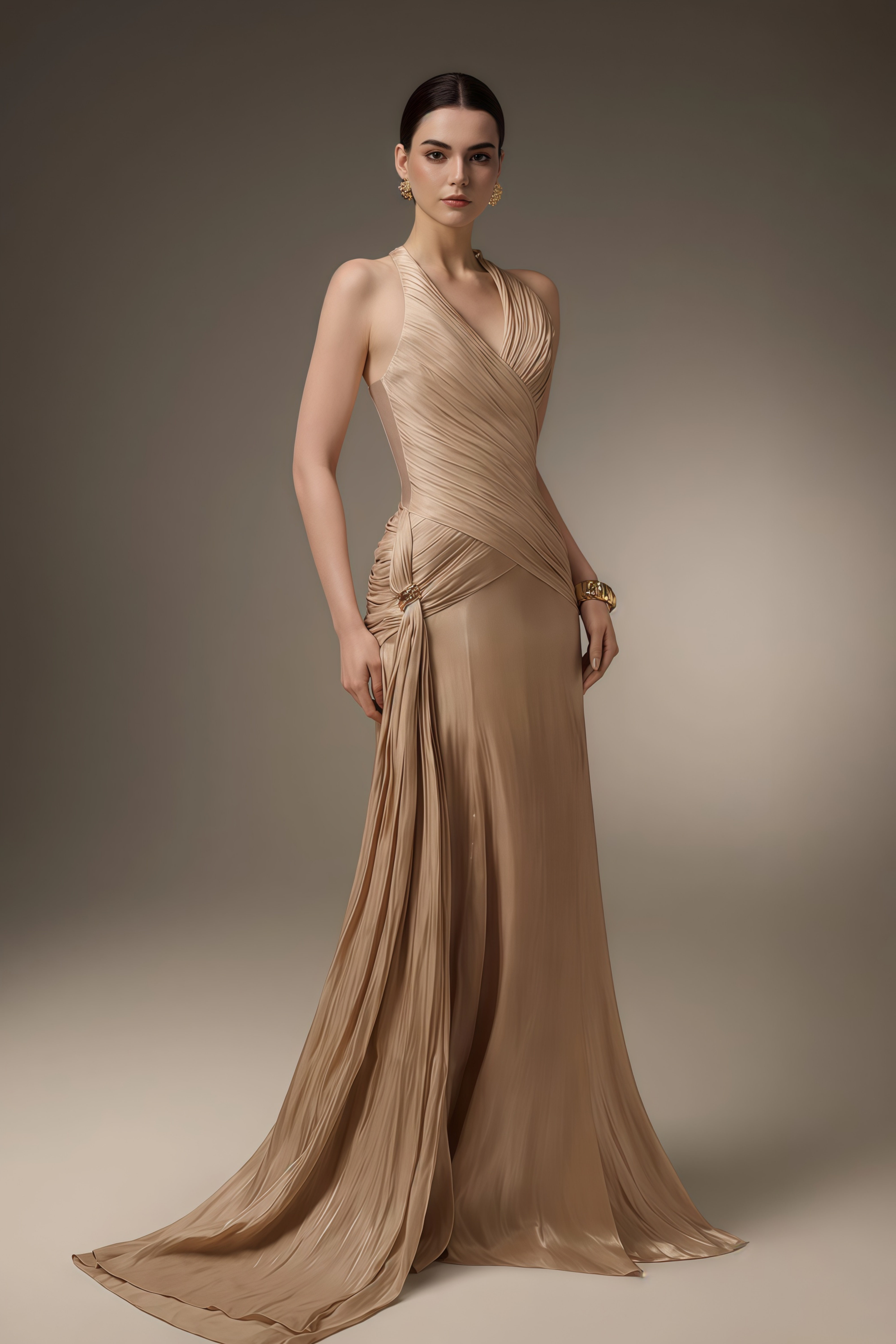 Sapir Bronze Halterneck Satin Maxi Dress with Ribbon (Final Sale-US Only)