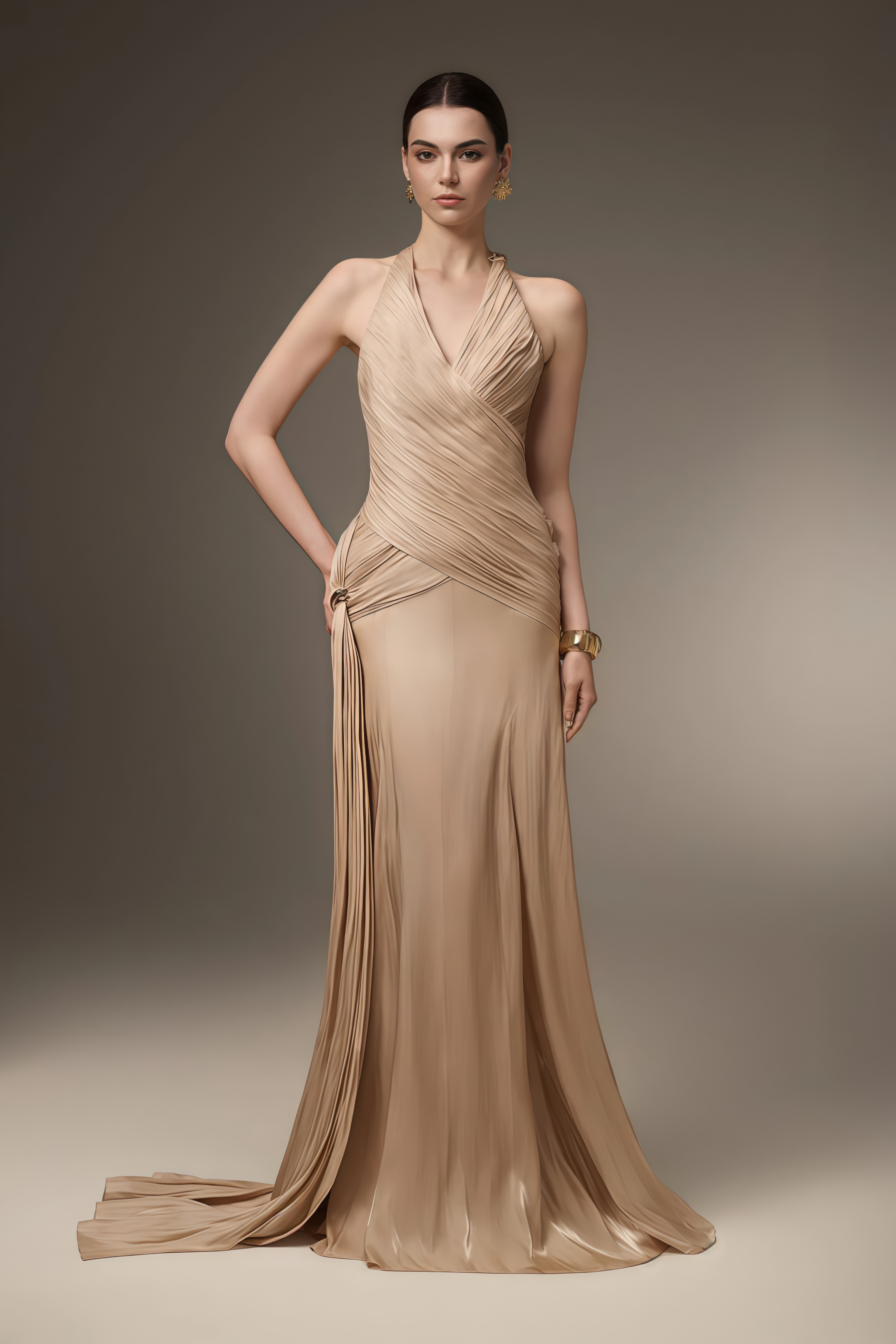 Sapir Bronze Halterneck Satin Maxi Dress with Ribbon (Final Sale-US Only)