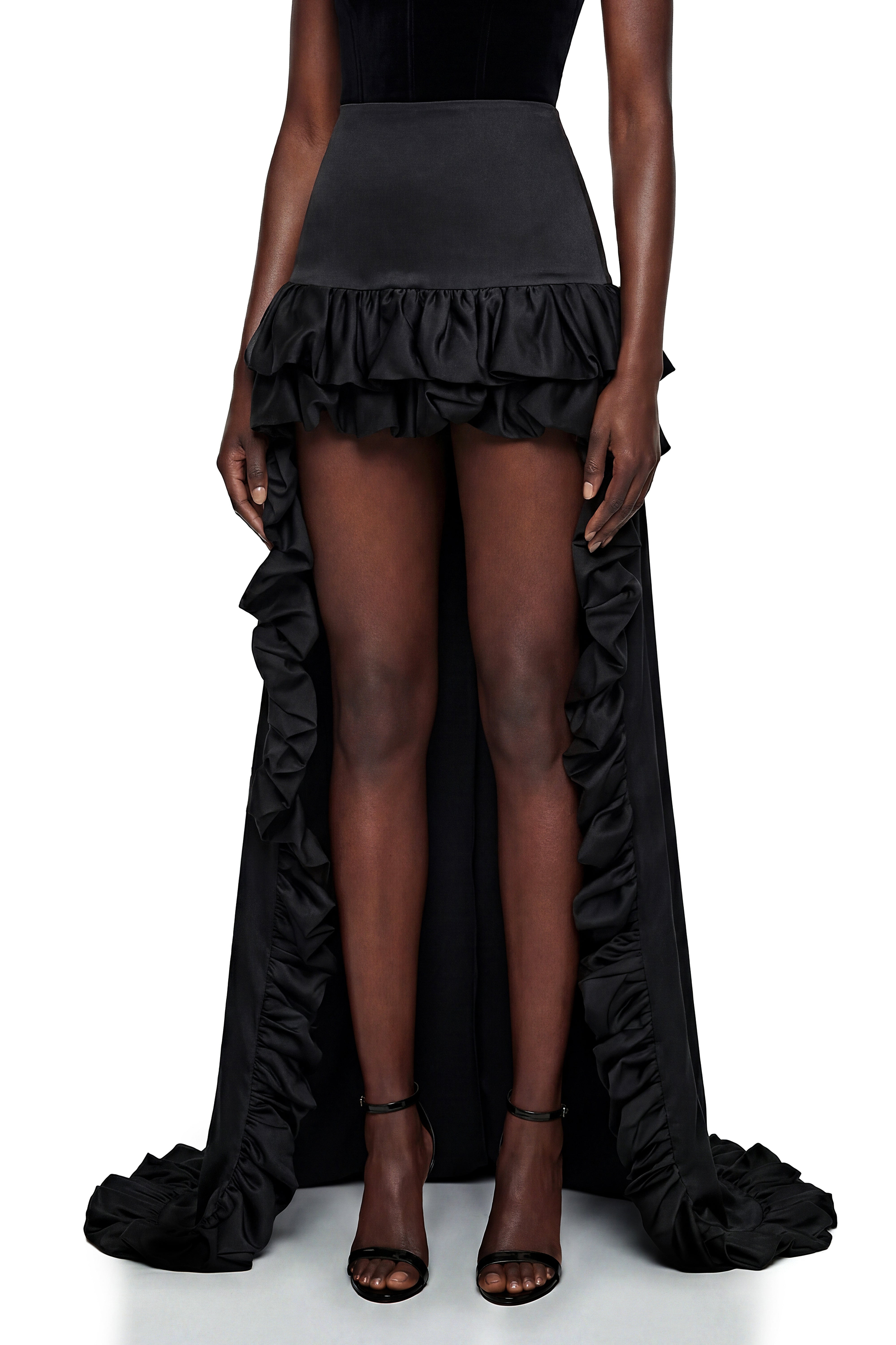 Saveria Black Ruffled High-Low Satin Skirt (Final Sale-US Only)