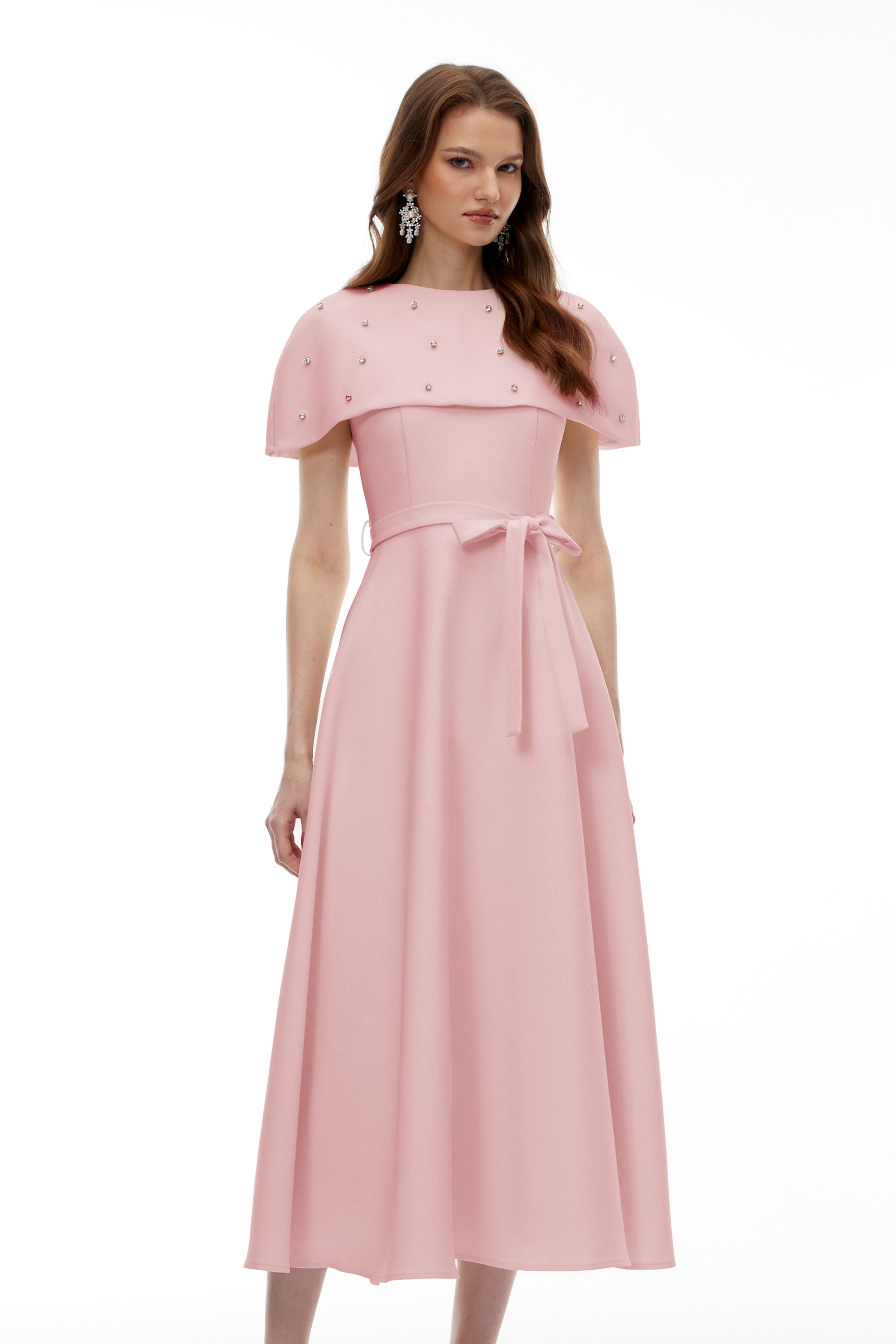 Sawda Pink Embellished Midi Dress with Cape (Final Sale-US Only)