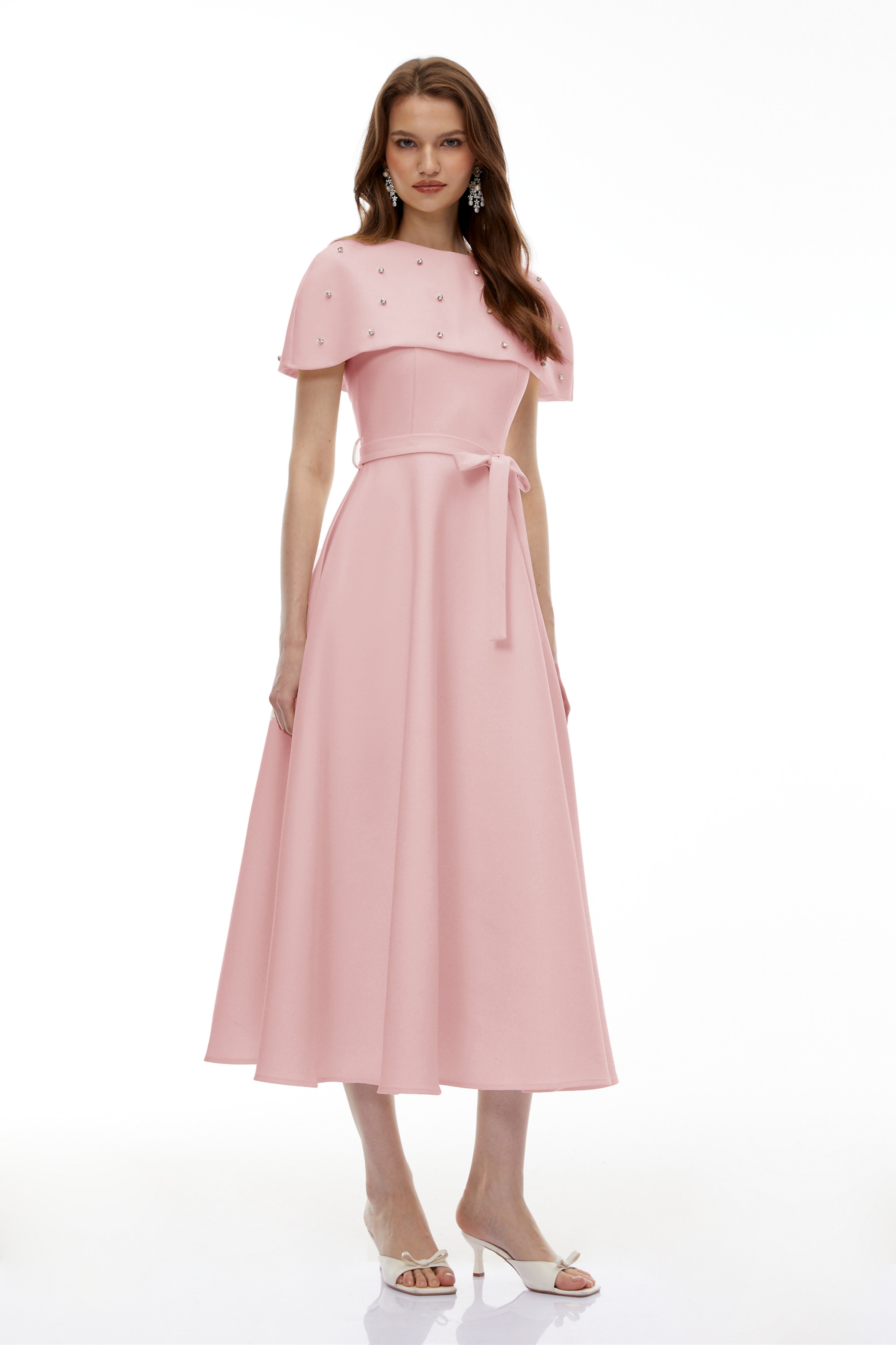 Sawda Pink Embellished Midi Dress with Cape (Final Sale-US Only)